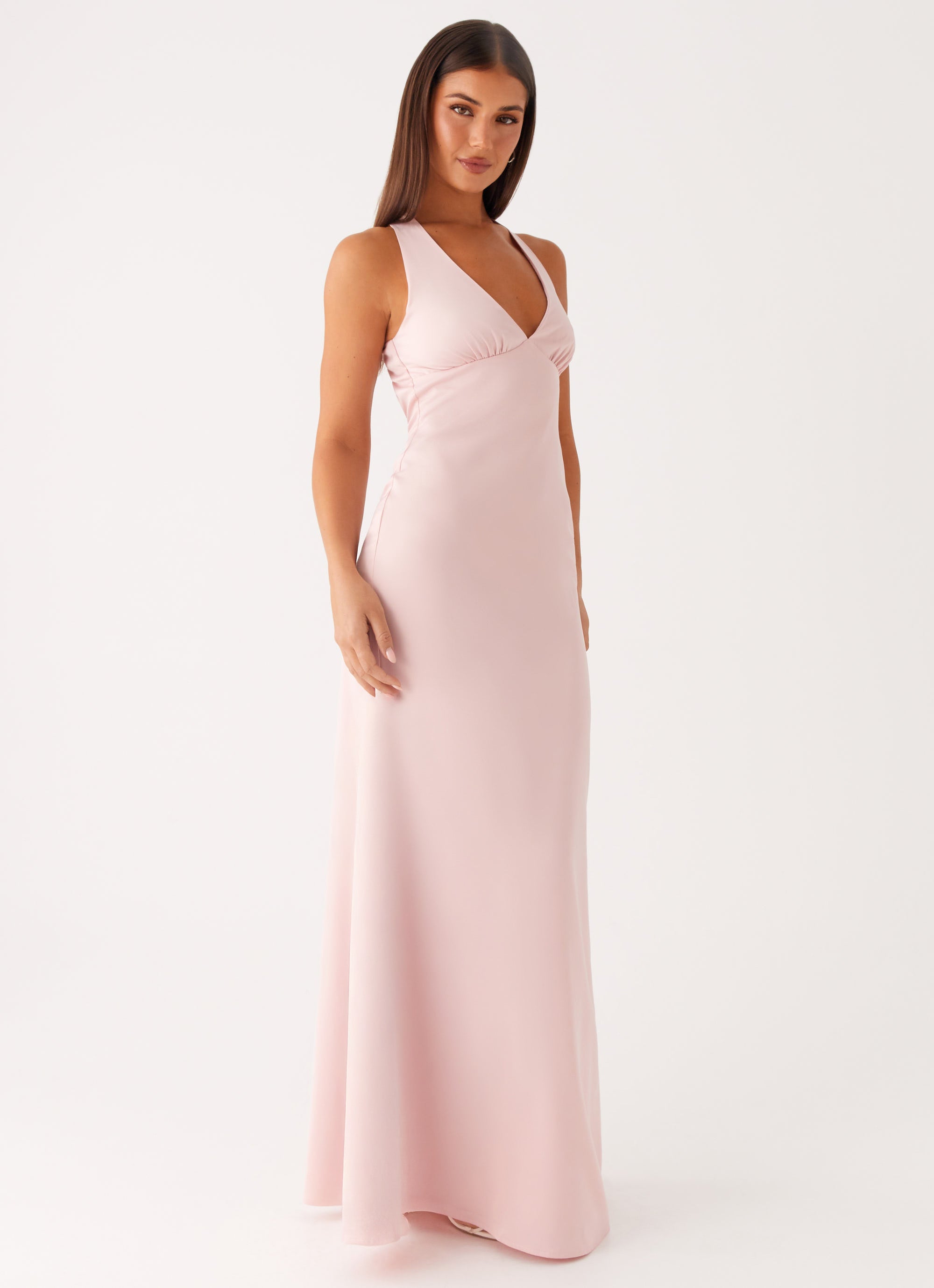 Christine | Low V Neckline Ruched Satin Maxi Dress