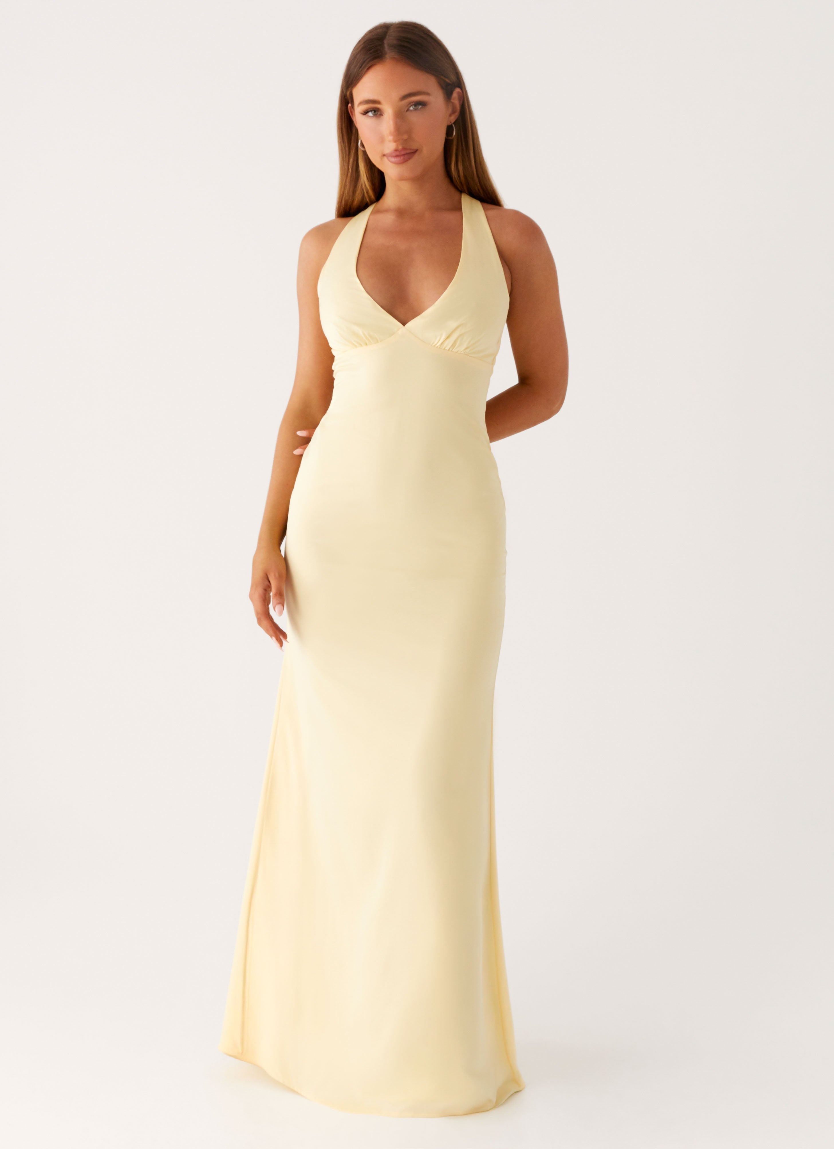 Christine | Low V Neckline Ruched Satin Maxi Dress