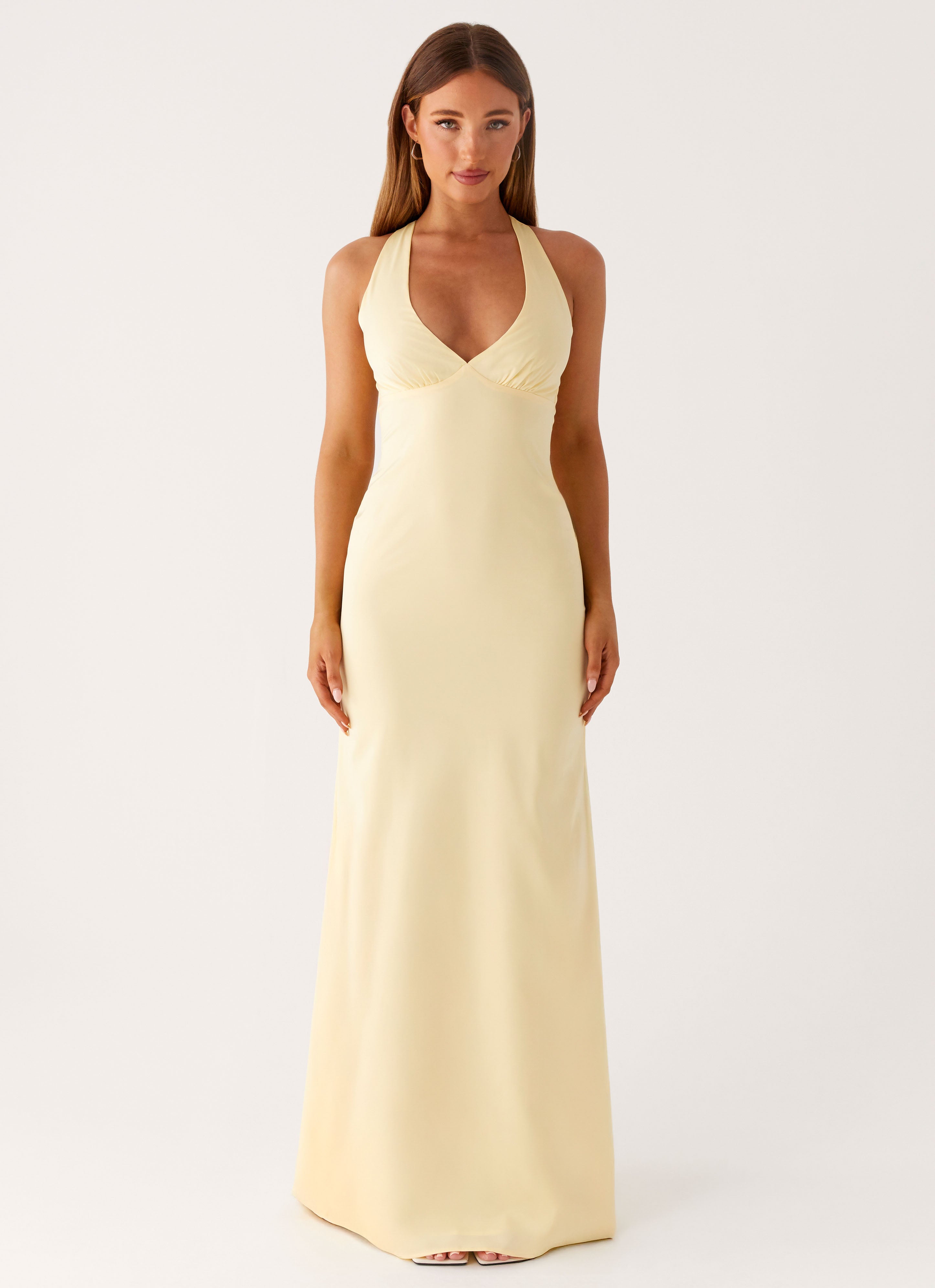Christine | Low V Neckline Ruched Satin Maxi Dress