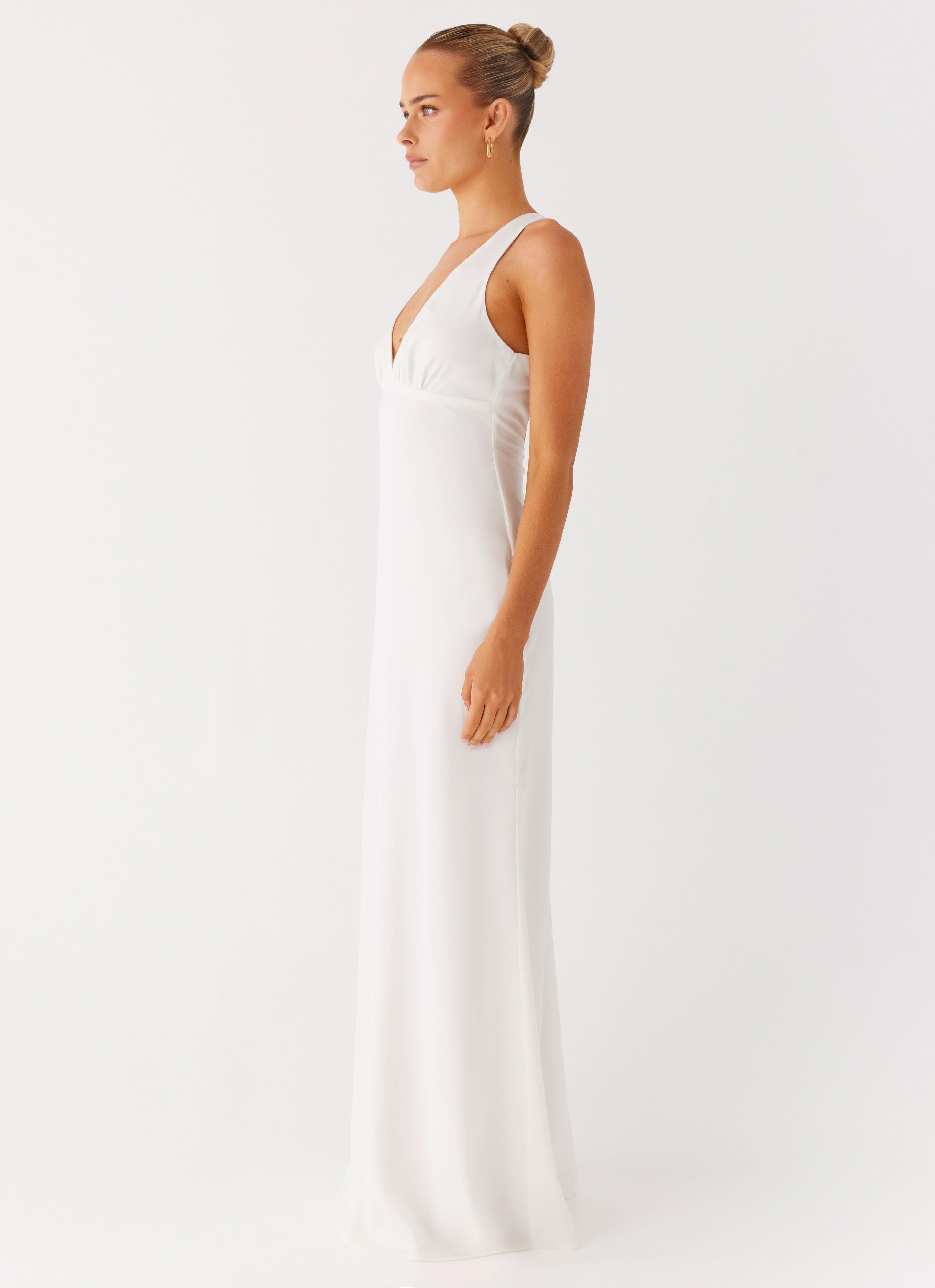 Christine | Low V Neckline Ruched Satin Maxi Dress