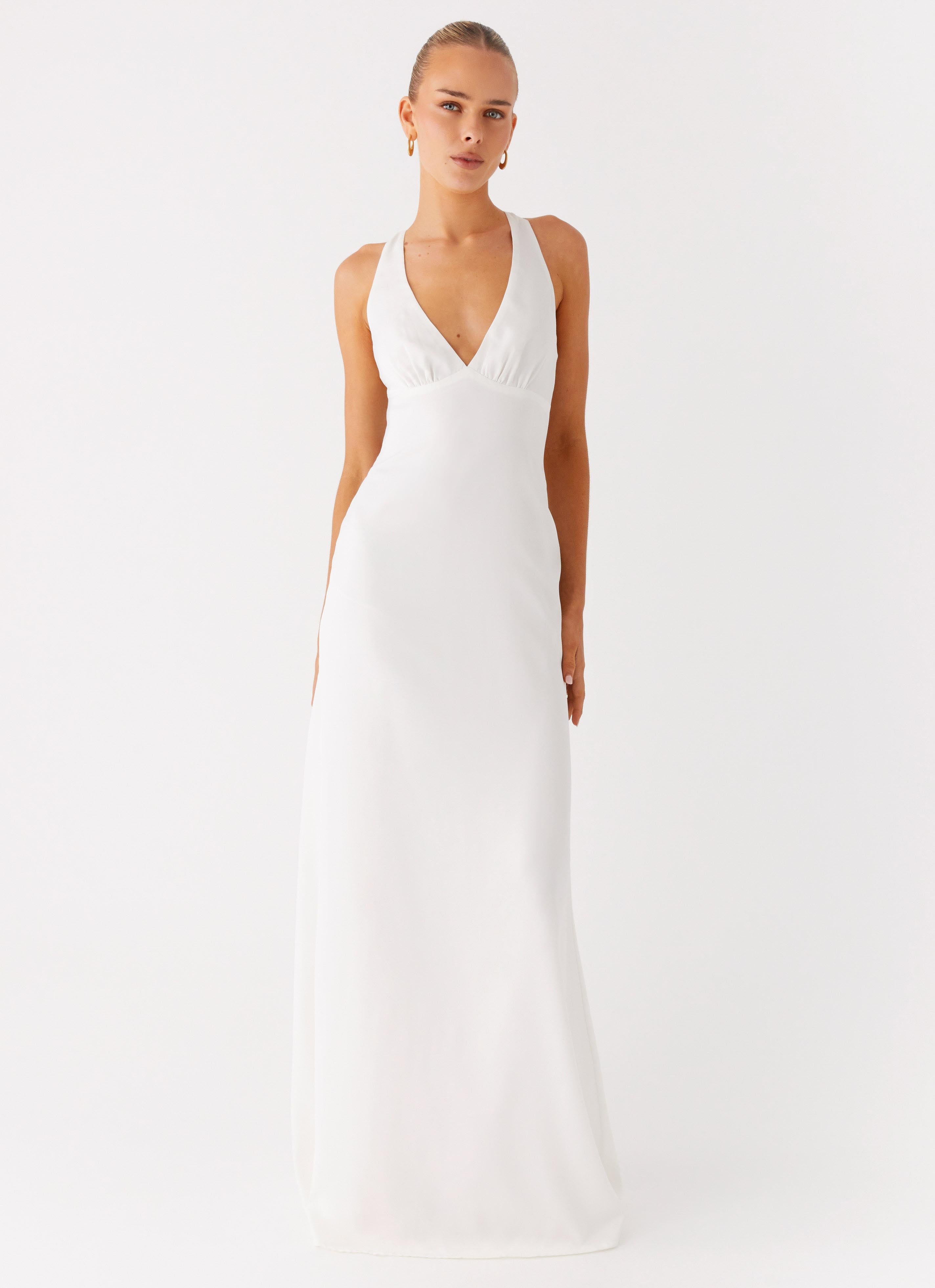 Christine | Low V Neckline Ruched Satin Maxi Dress