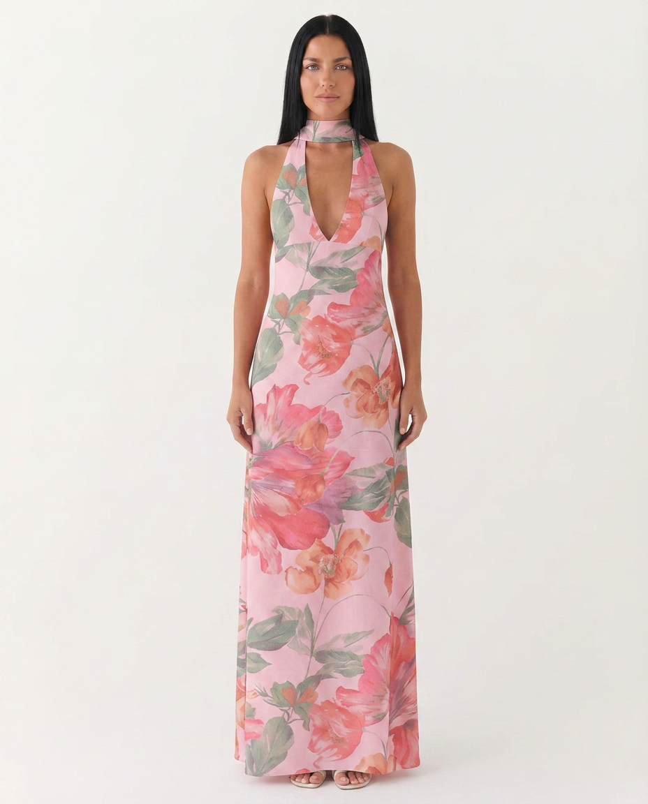 Jayne | Floral Low V-Neck Cowl Back Halter Maxi Dress