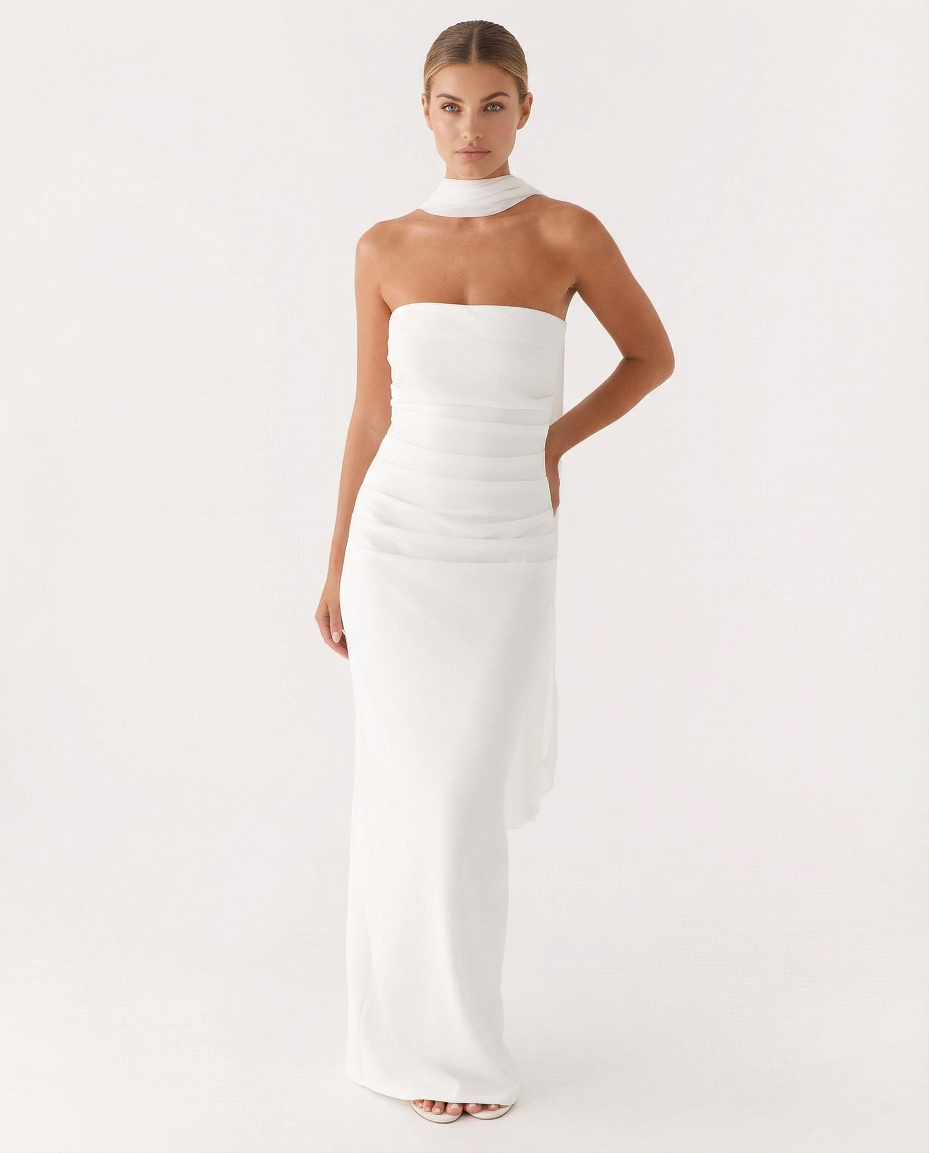 Latoya | Strapless Ruched Maxi Dress with Scarf