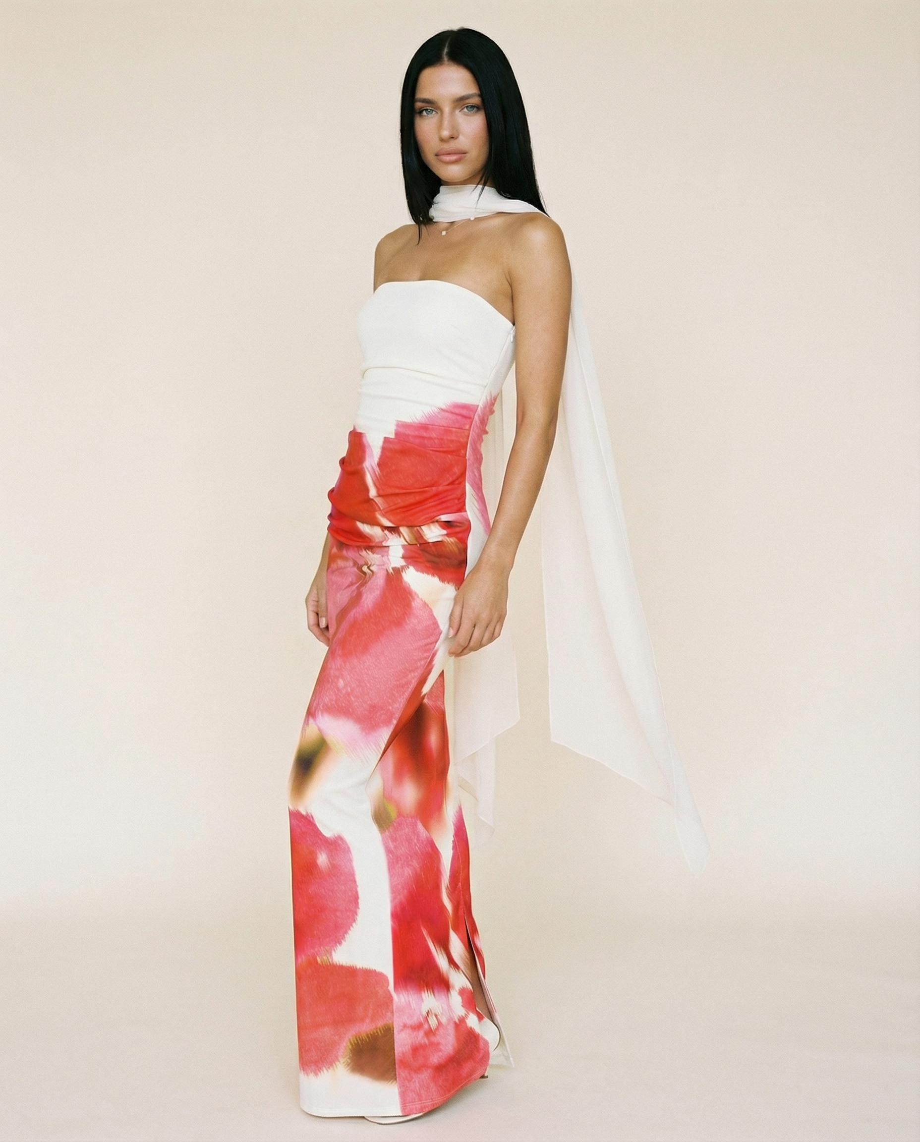 Latoya | Strapless Ruched Maxi Dress with Scarf