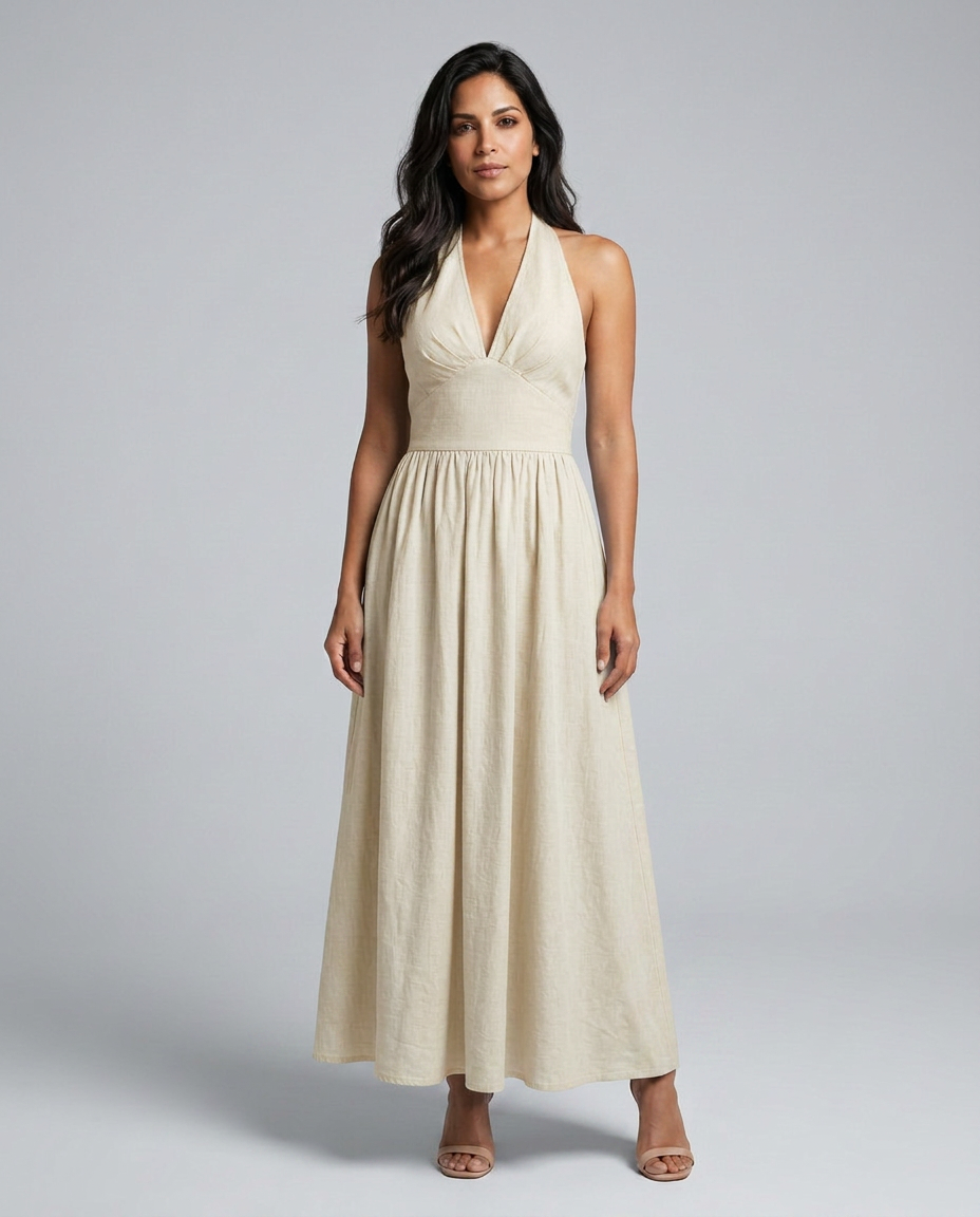 Salma | Halter V-Neck Gathered A-Line Maxi Dress