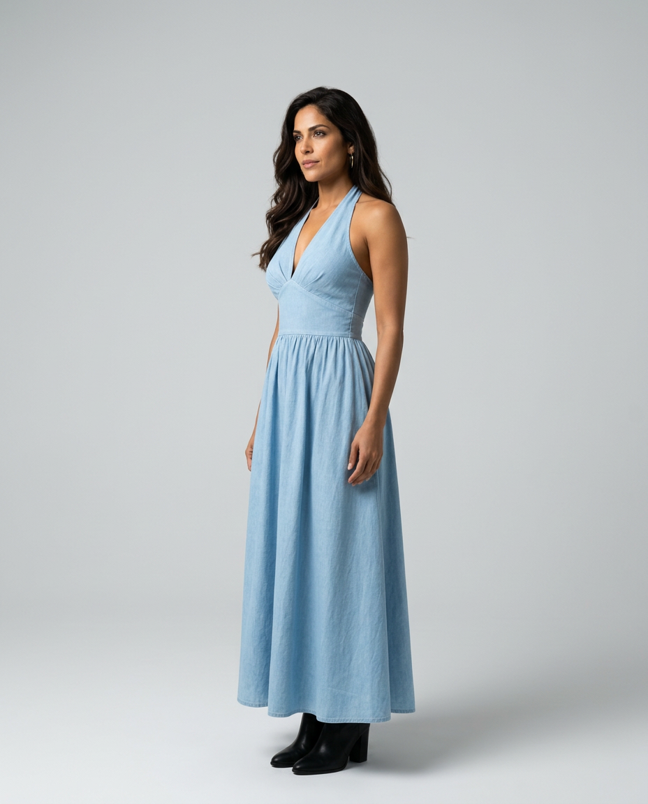 Salma | Halter V-Neck Gathered A-Line Maxi Dress