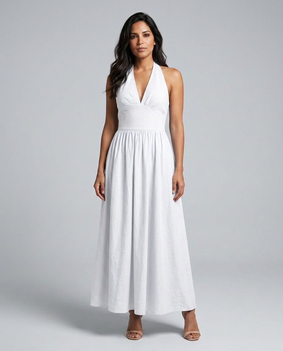 Salma | Halter V-Neck Gathered A-Line Maxi Dress