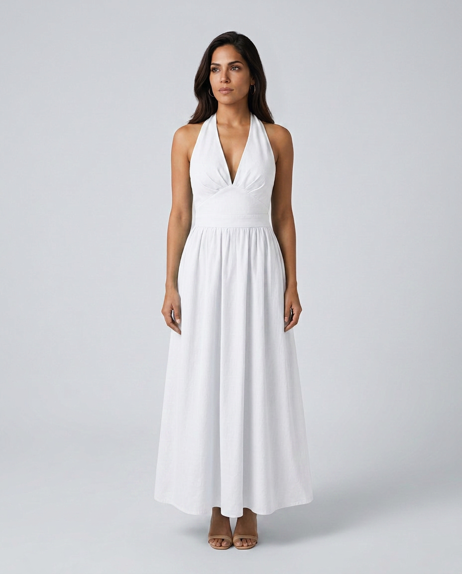 Salma | Halter V-Neck Gathered A-Line Maxi Dress