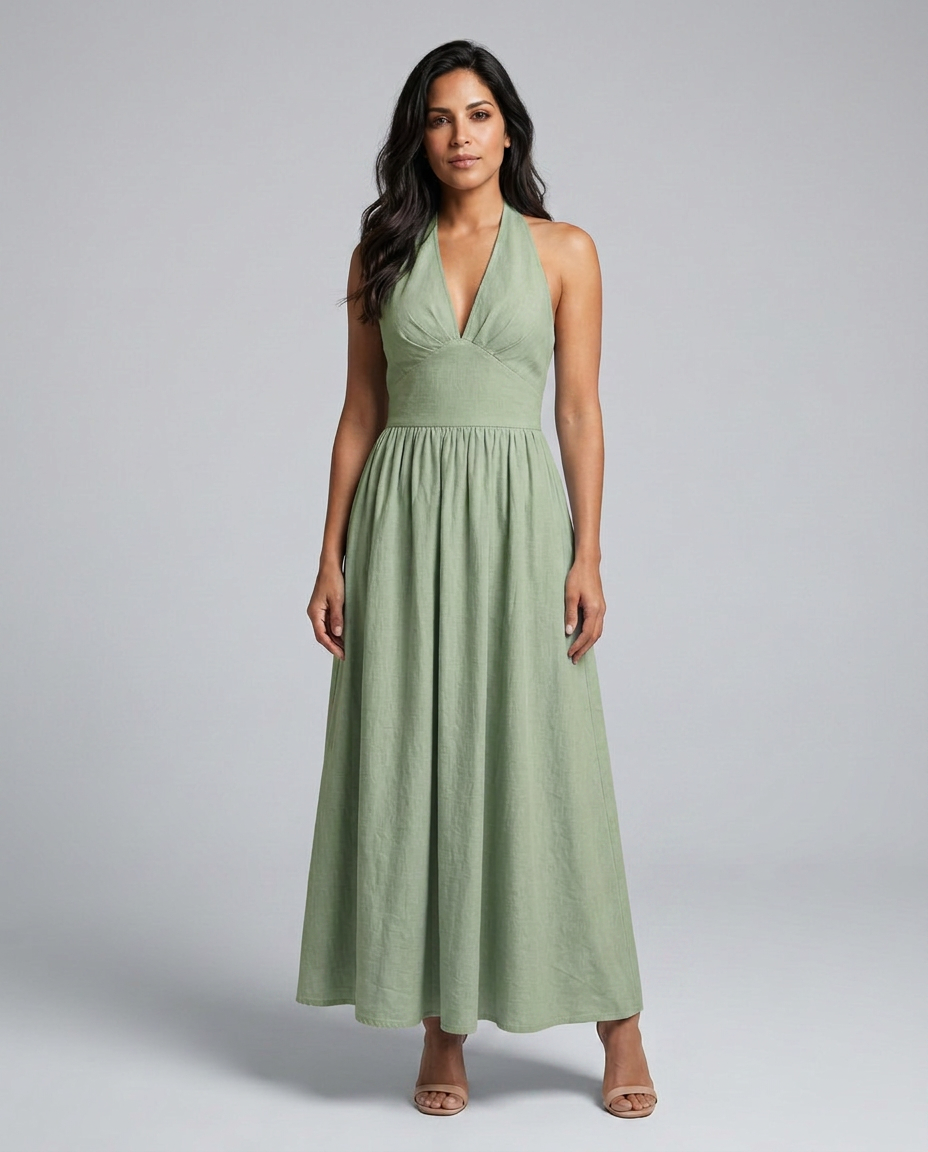 Salma | Halter V-Neck Gathered A-Line Maxi Dress