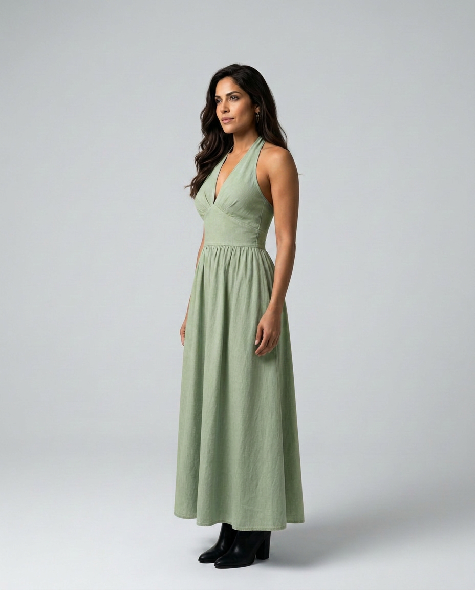Salma | Halter V-Neck Gathered A-Line Maxi Dress