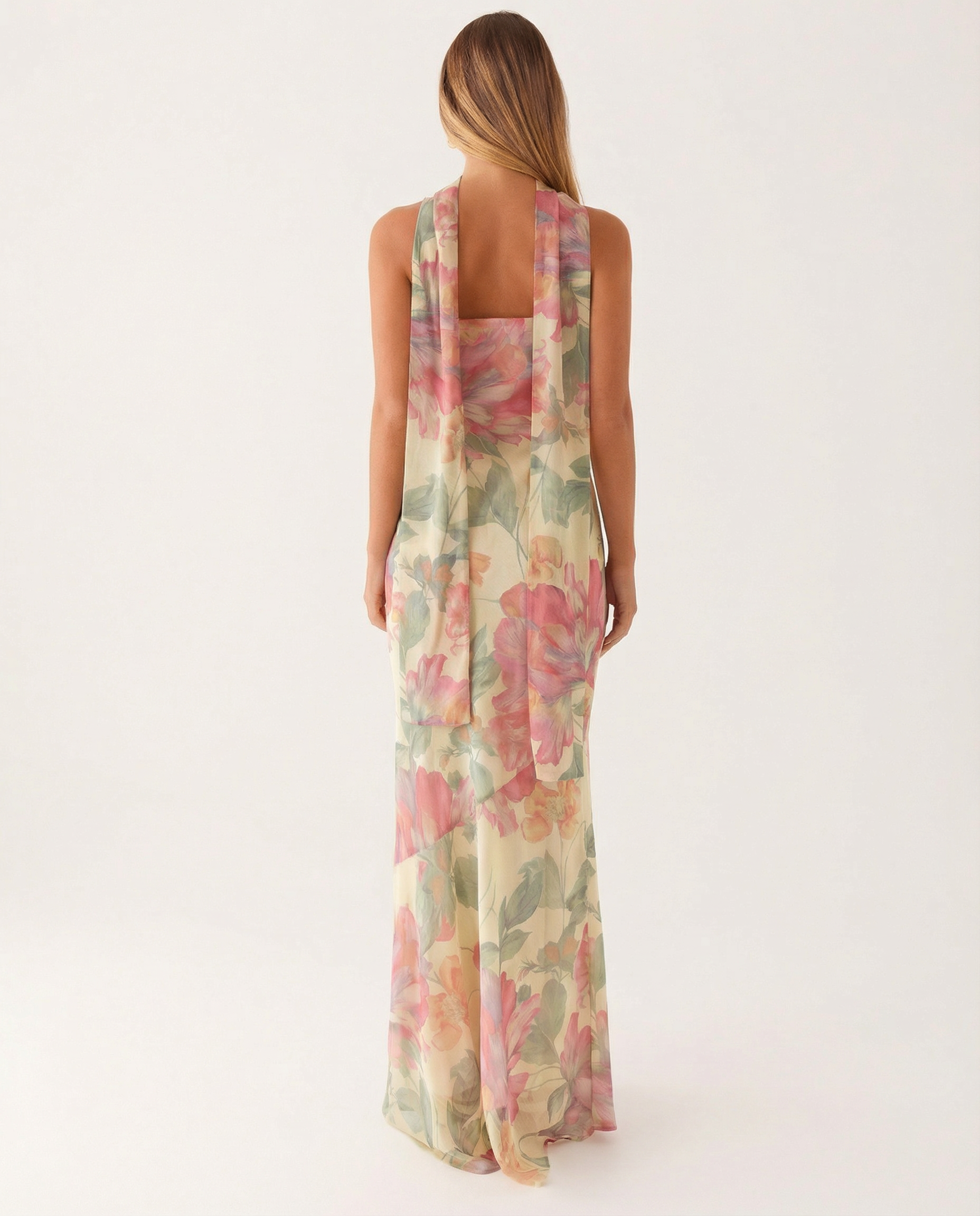 Shelia | Floral Chiffon Maxi Dress with Matching Scarf