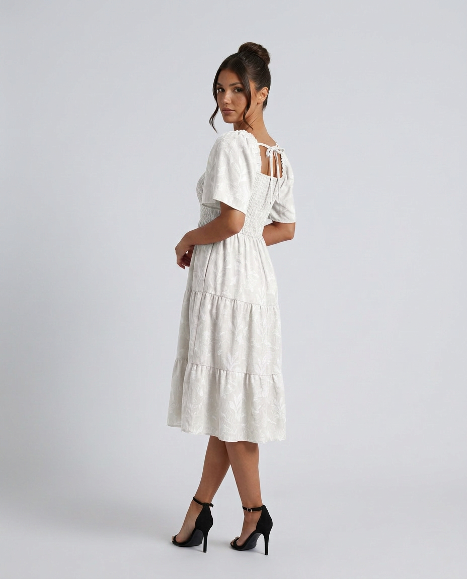 Della | Short Sleeve Textured Floral Midi Dress