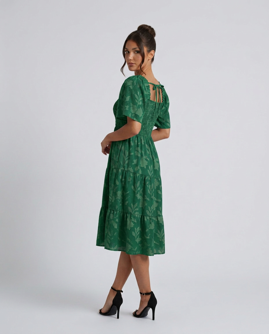 Della | Short Sleeve Textured Floral Midi Dress
