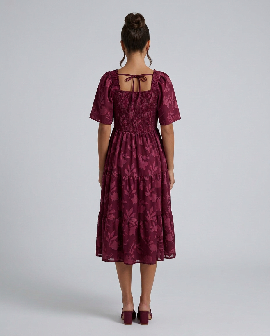Della | Short Sleeve Textured Floral Midi Dress