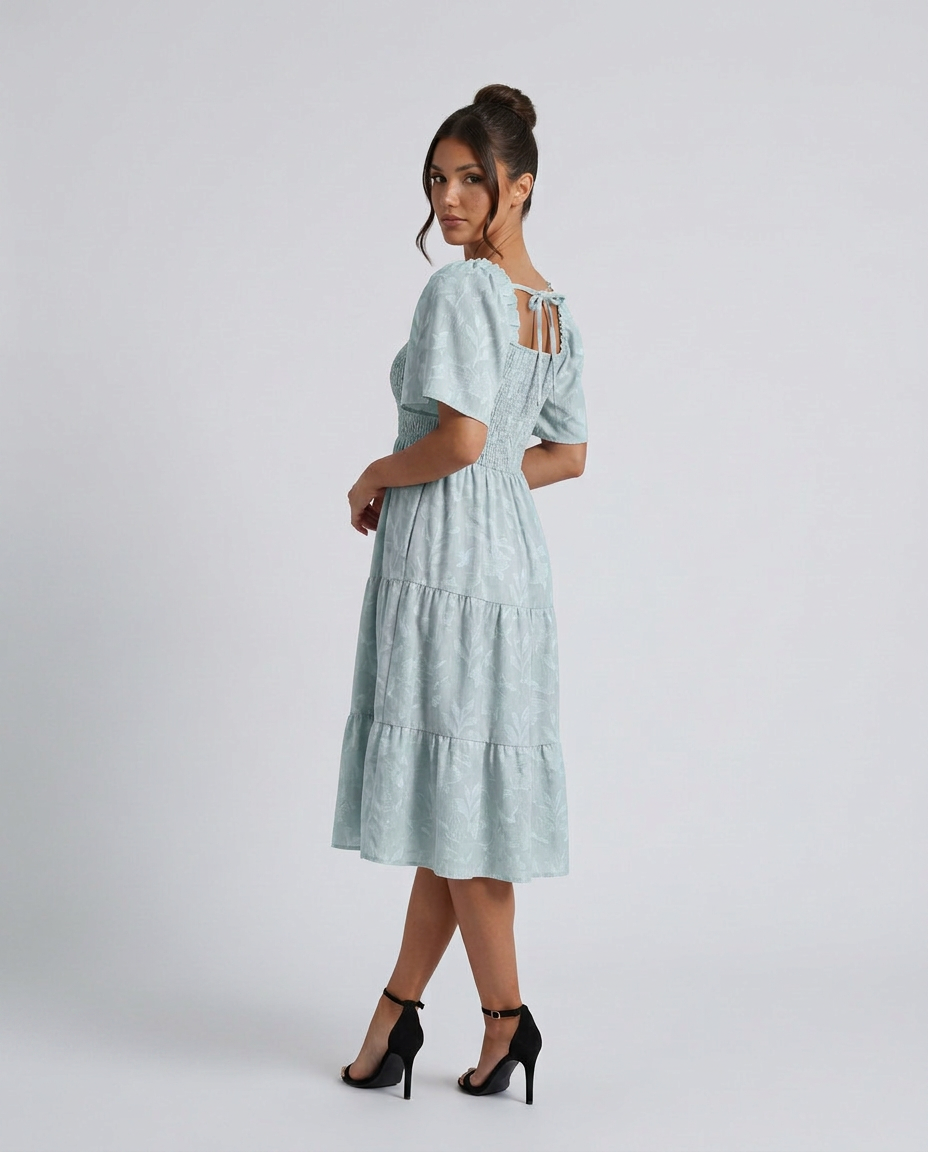 Della | Short Sleeve Textured Floral Midi Dress
