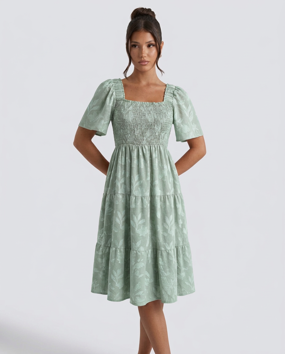 Della | Short Sleeve Textured Floral Midi Dress