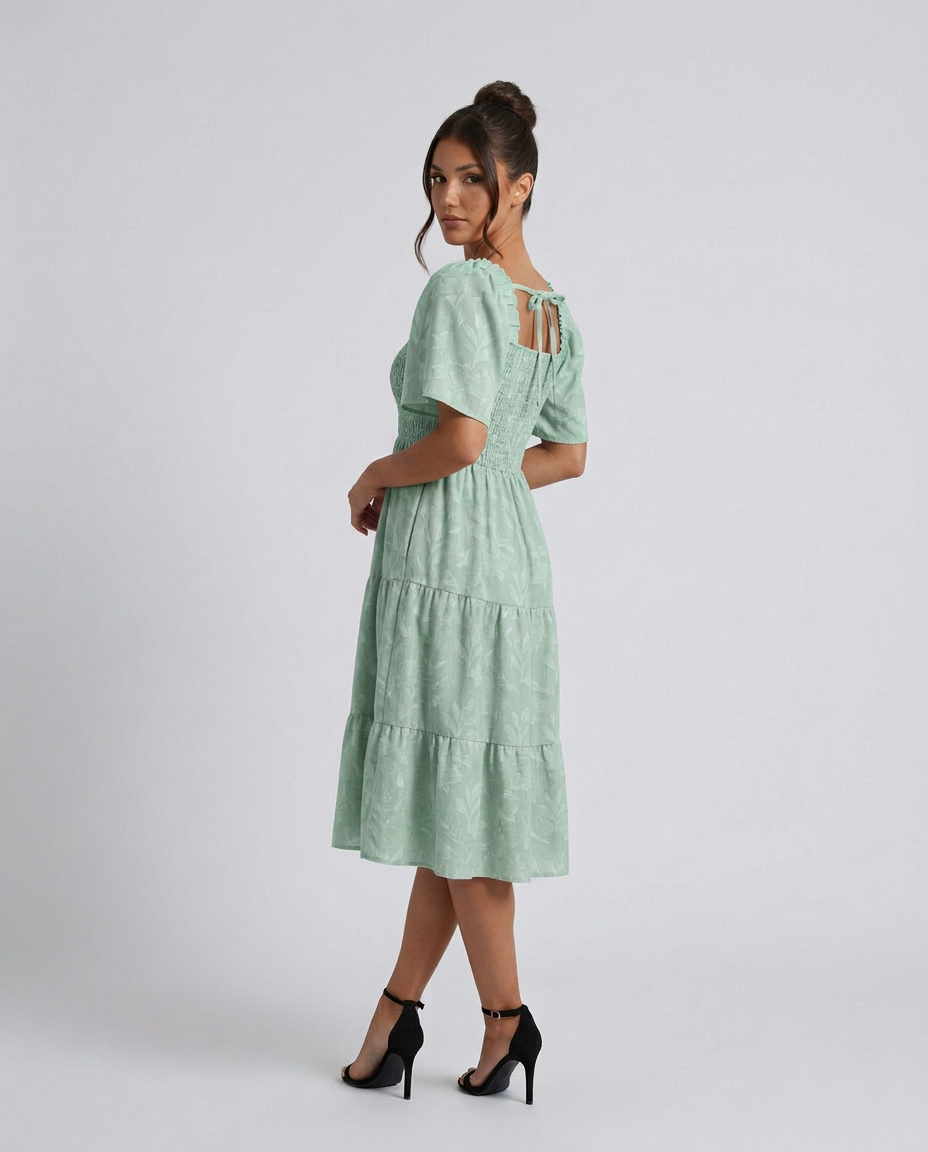 Della | Short Sleeve Textured Floral Midi Dress
