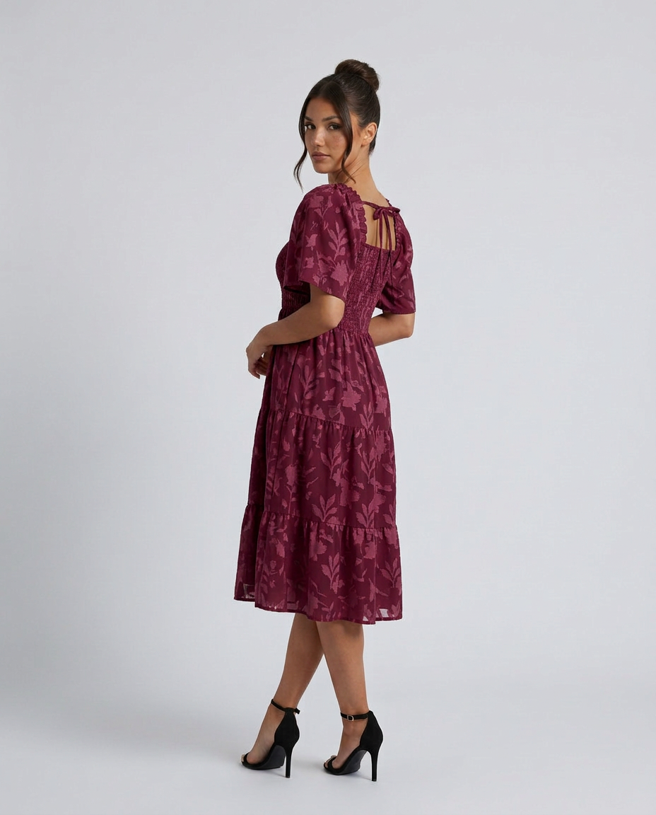 Della | Short Sleeve Textured Floral Midi Dress
