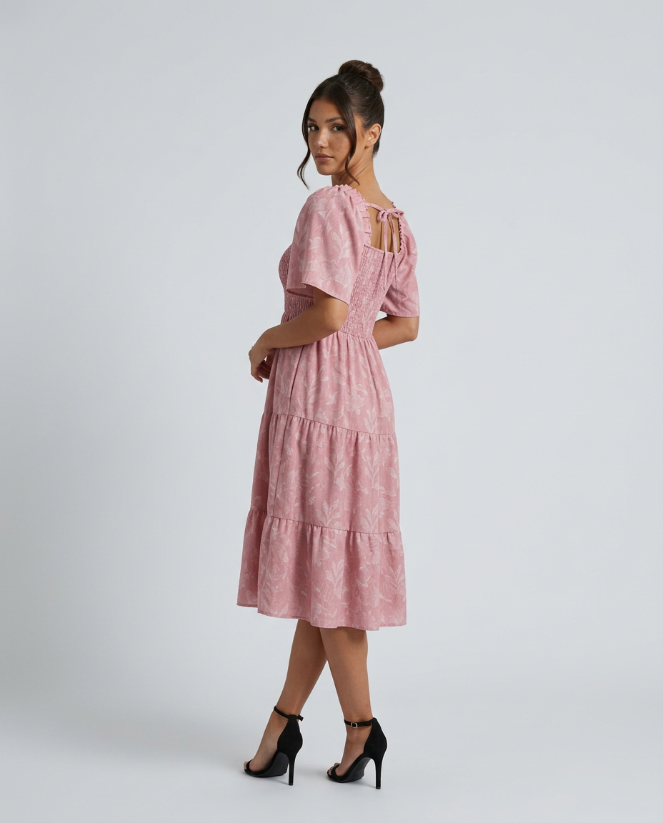 Della | Short Sleeve Textured Floral Midi Dress