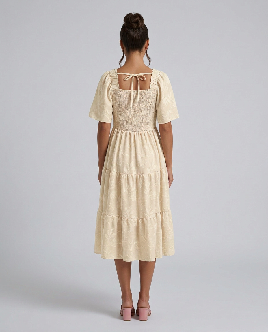 Della | Short Sleeve Textured Floral Midi Dress