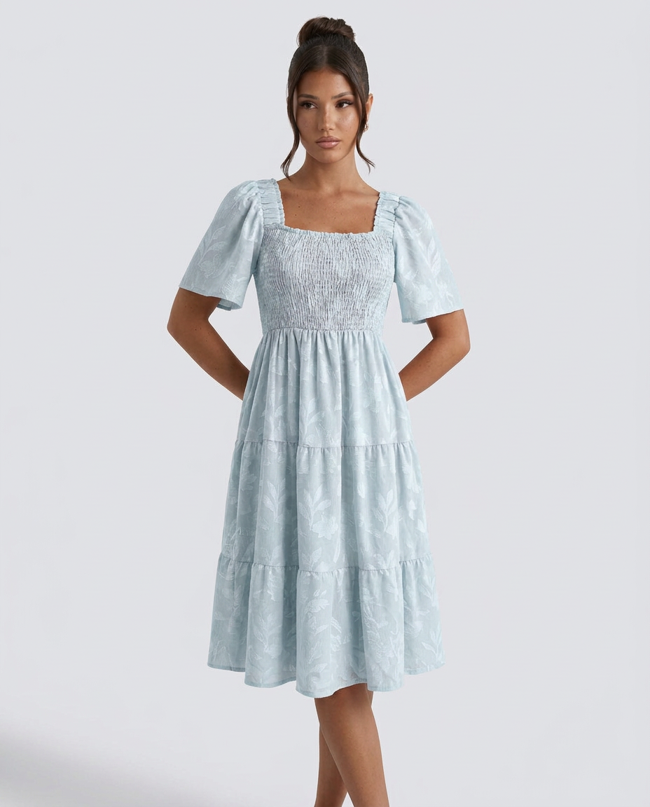 Della | Short Sleeve Textured Floral Midi Dress