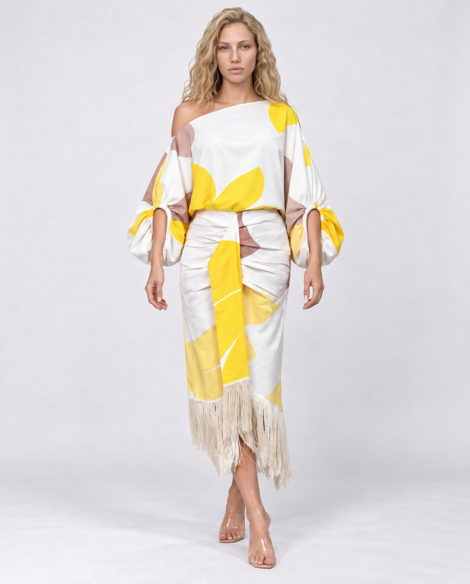 Koda | Abstract Print Fringe Hem Midi Dress