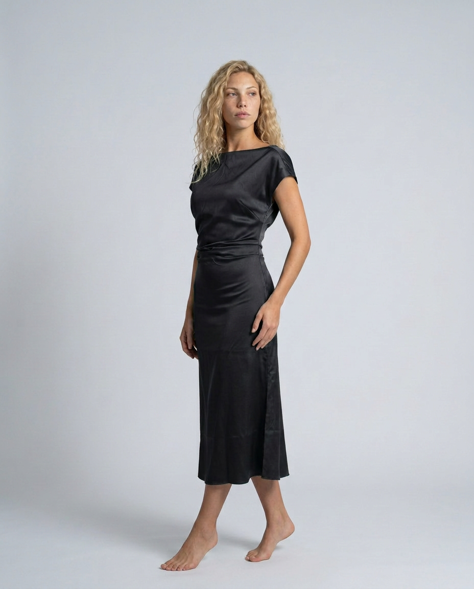 Nora | Short Sleeve Boat Neck Fitted Midi Dress