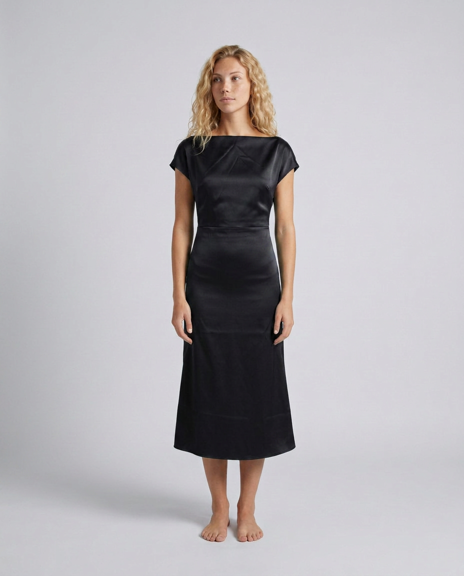 Nora | Short Sleeve Boat Neck Fitted Midi Dress