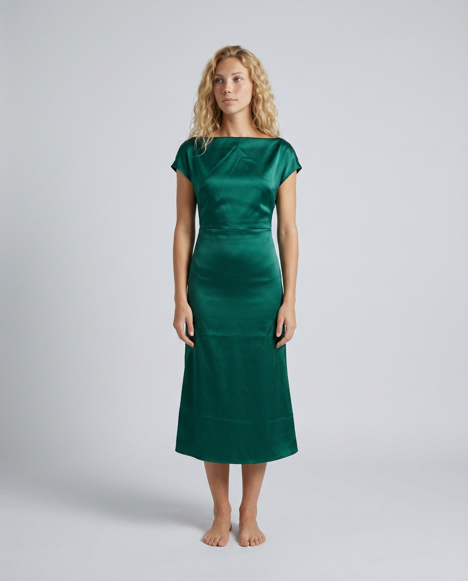 Nora | Short Sleeve Boat Neck Fitted Midi Dress