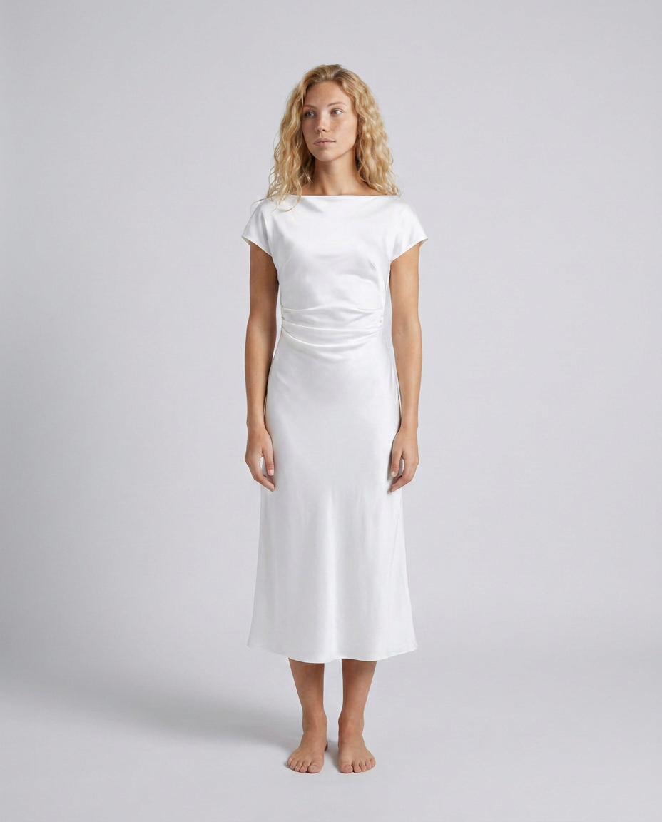 Nora | Short Sleeve Boat Neck Fitted Midi Dress
