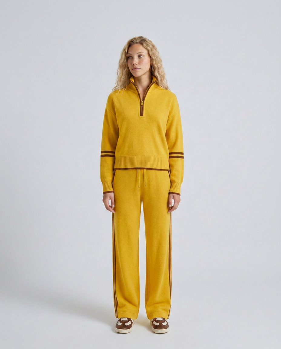 Rova | Zip Neck Striped Knit Long Sleeve Pants Set