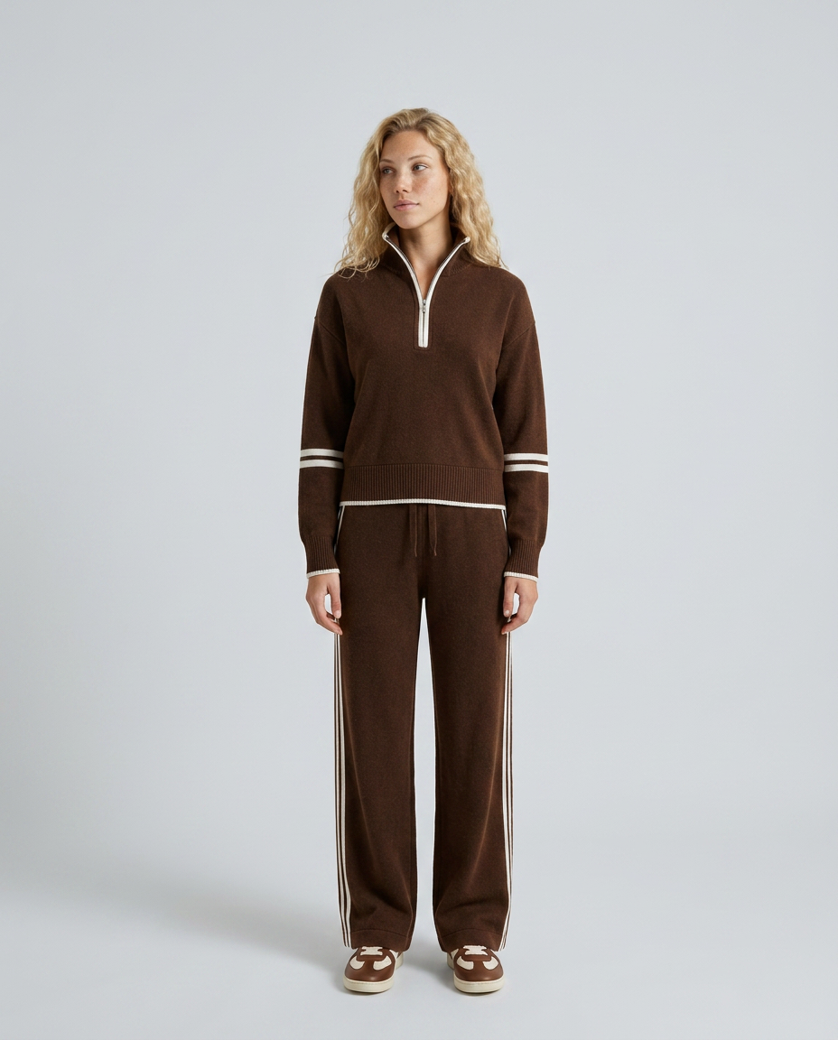 Rova | Zip Neck Striped Knit Long Sleeve Pants Set