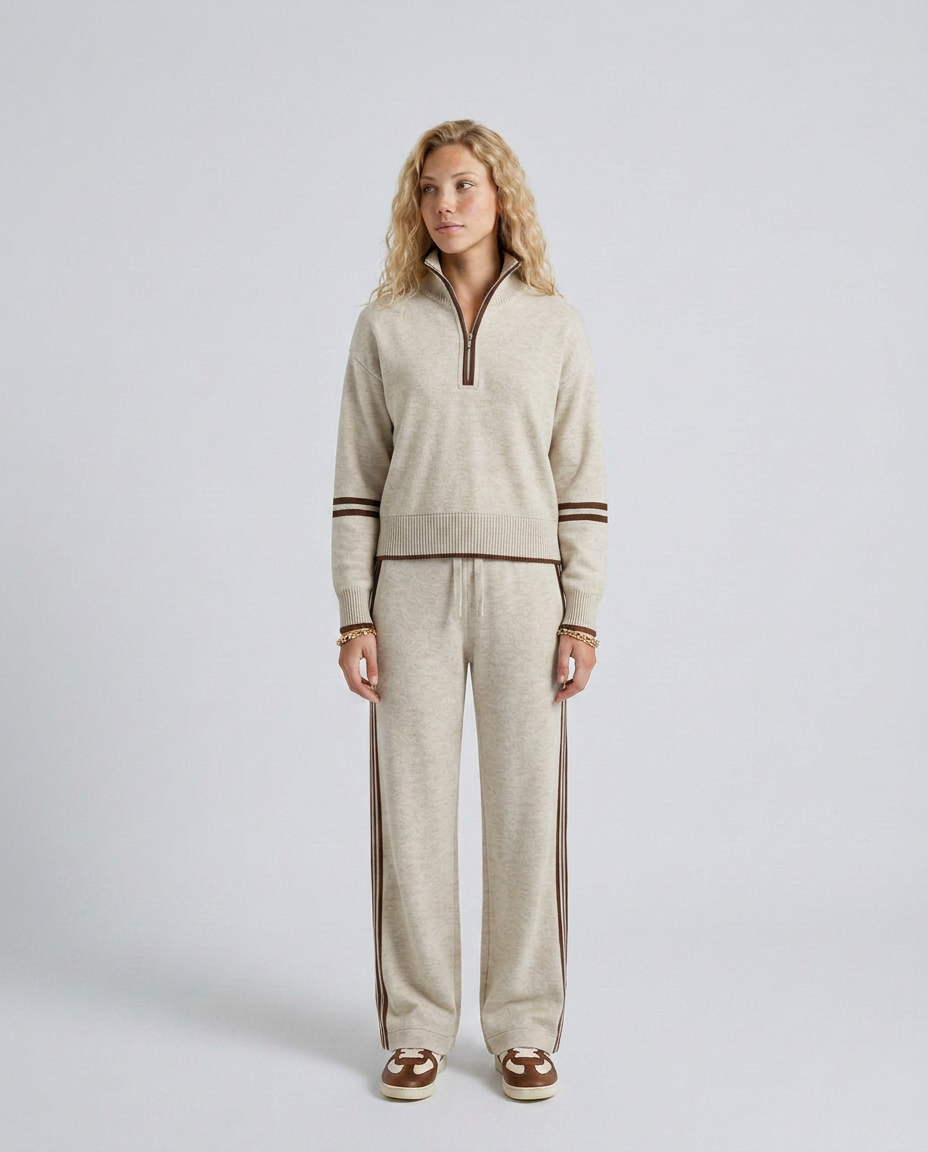 Rova | Zip Neck Striped Knit Long Sleeve Pants Set