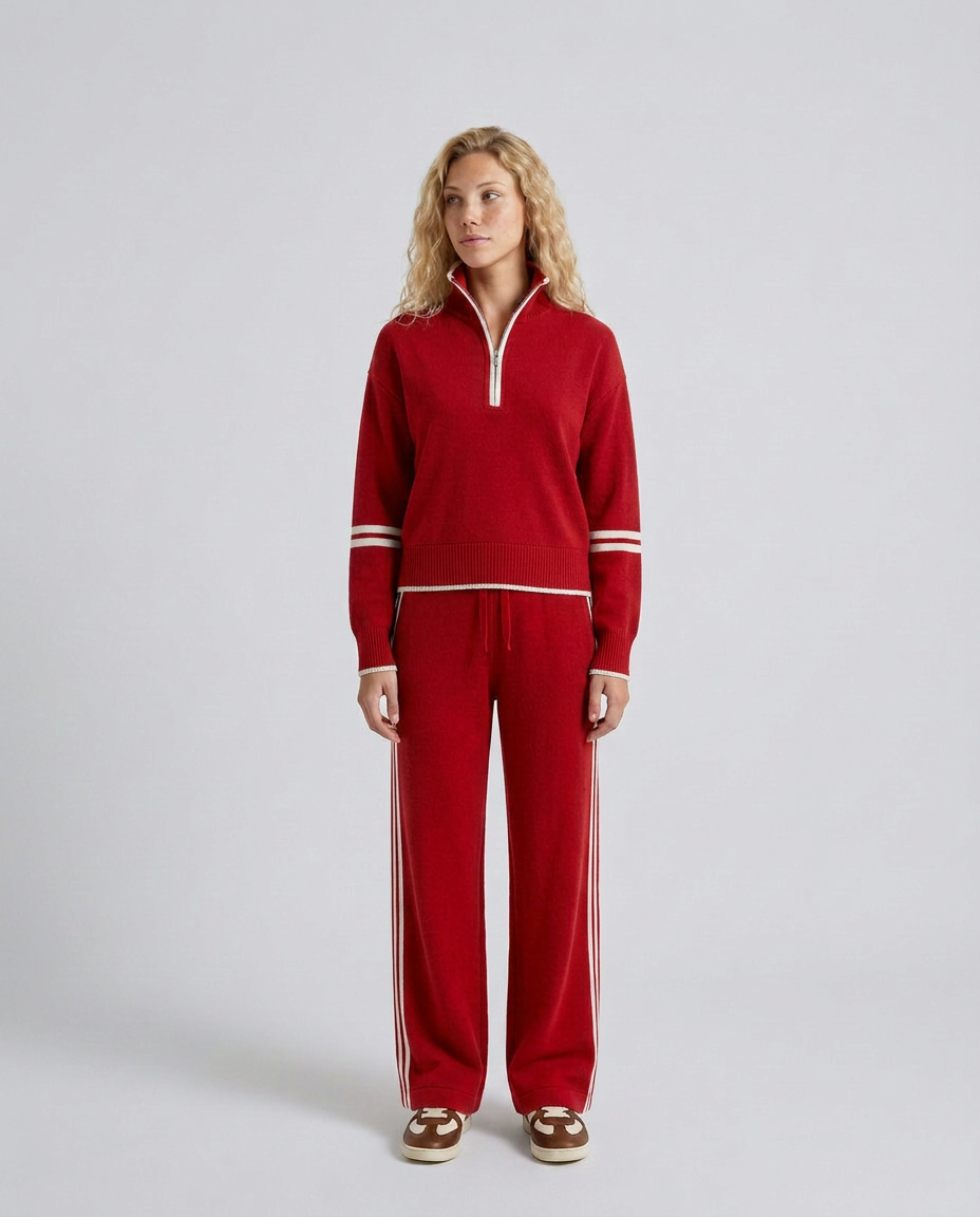 Rova | Zip Neck Striped Knit Long Sleeve Pants Set