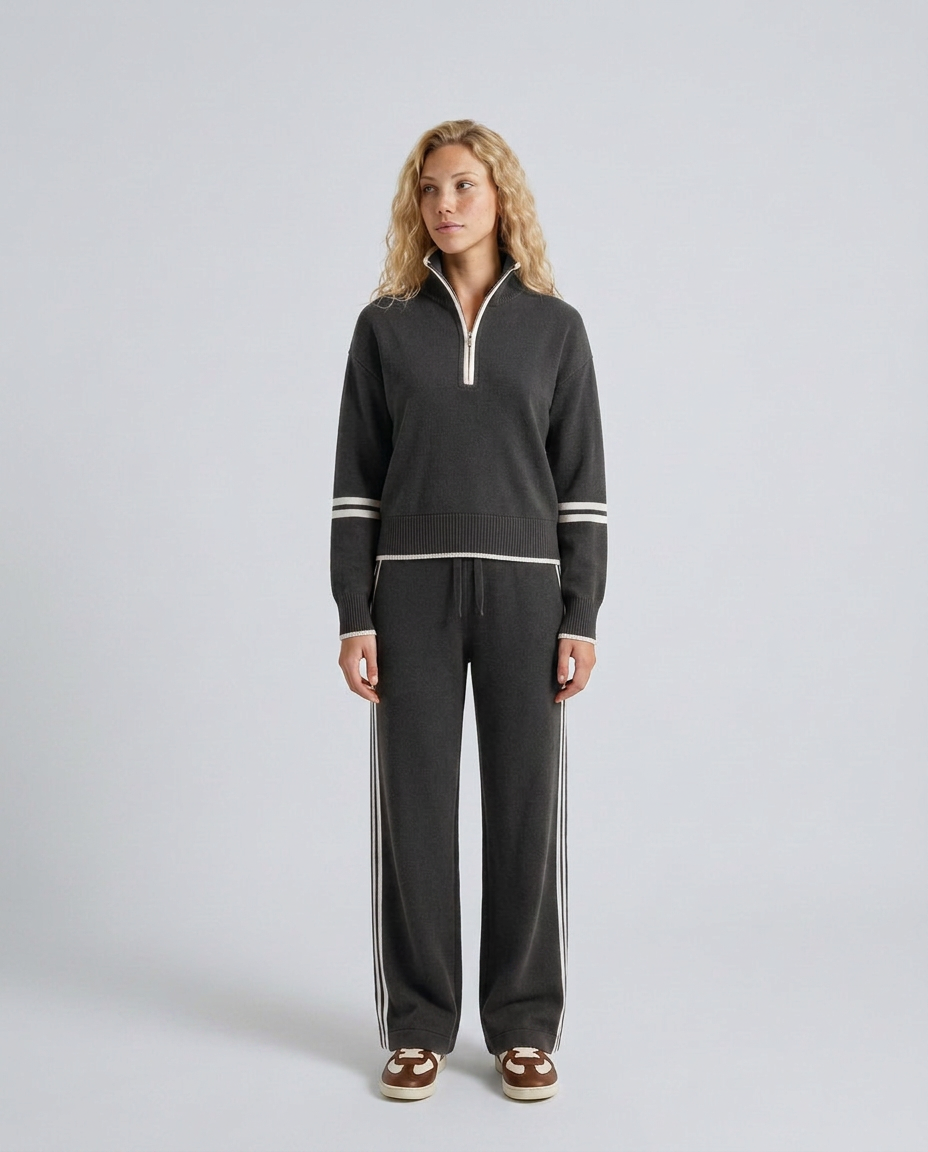 Rova | Zip Neck Striped Knit Long Sleeve Pants Set