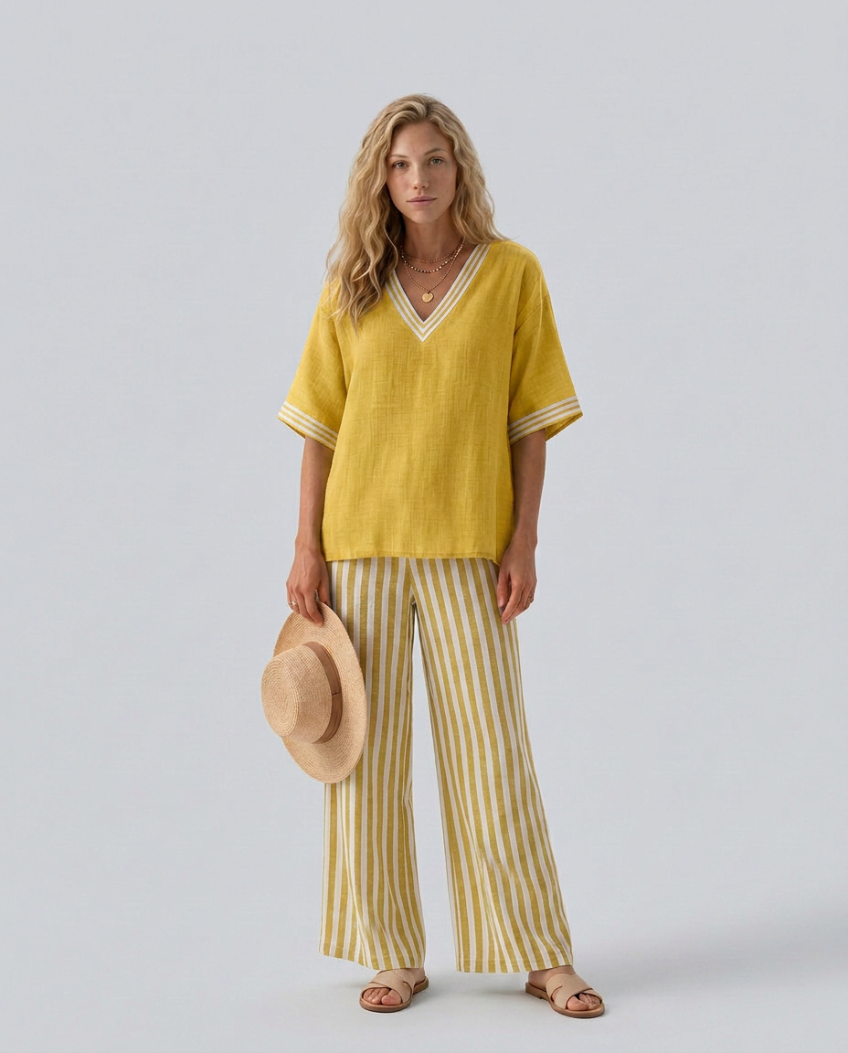 Rocio | Striped Contrast V-Neck Tunic & Trouser Co-ord Set