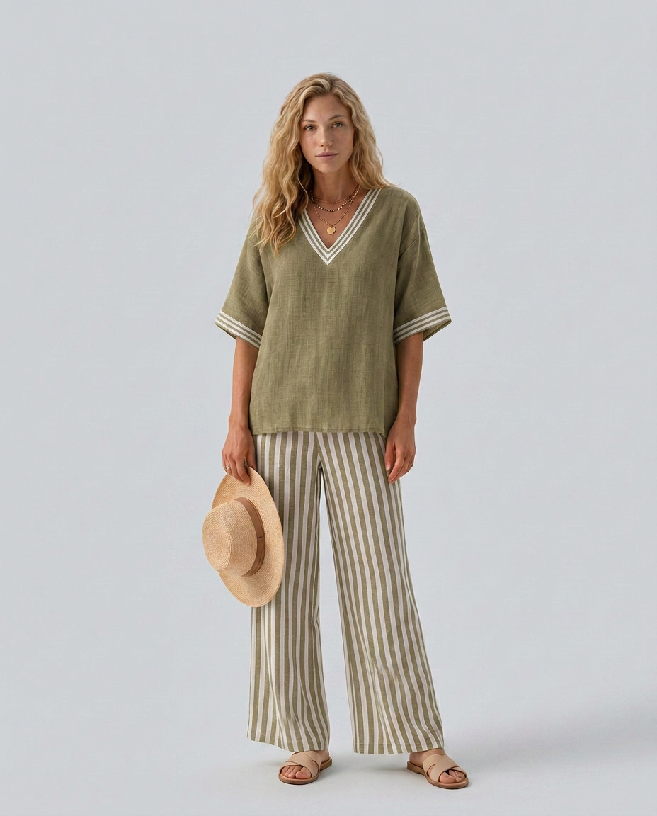 Rocio | Striped Contrast V-Neck Tunic & Trouser Co-ord Set