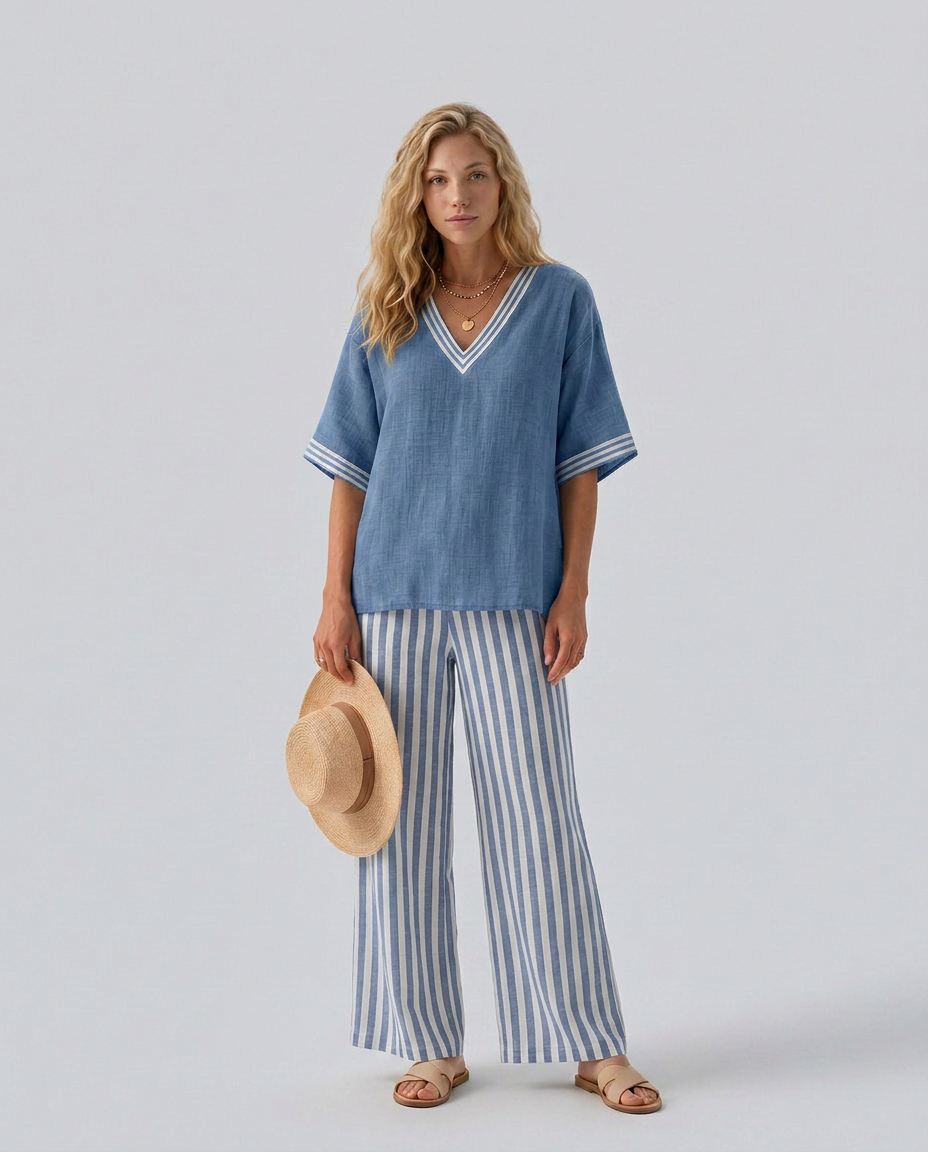 Rocio | Striped Contrast V-Neck Tunic & Trouser Co-ord Set
