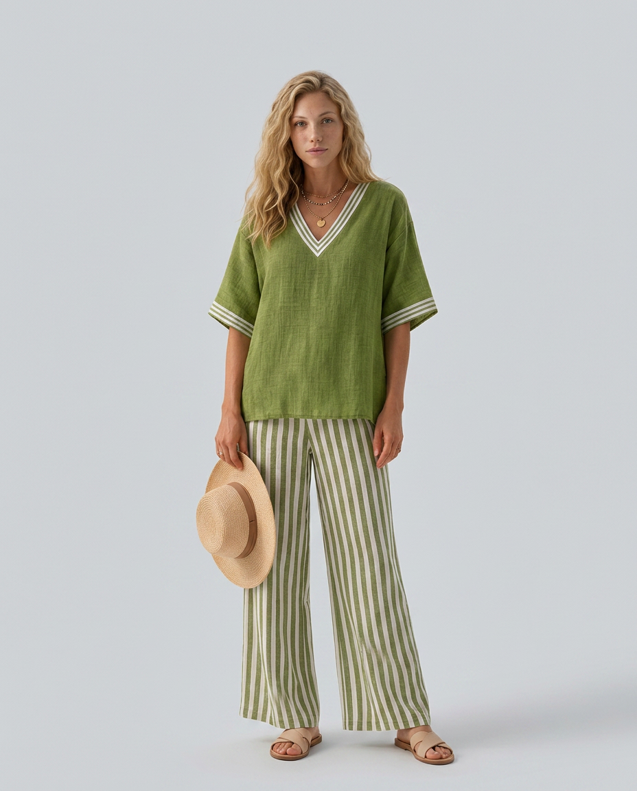 Rocio | Striped Contrast V-Neck Tunic & Trouser Co-ord Set