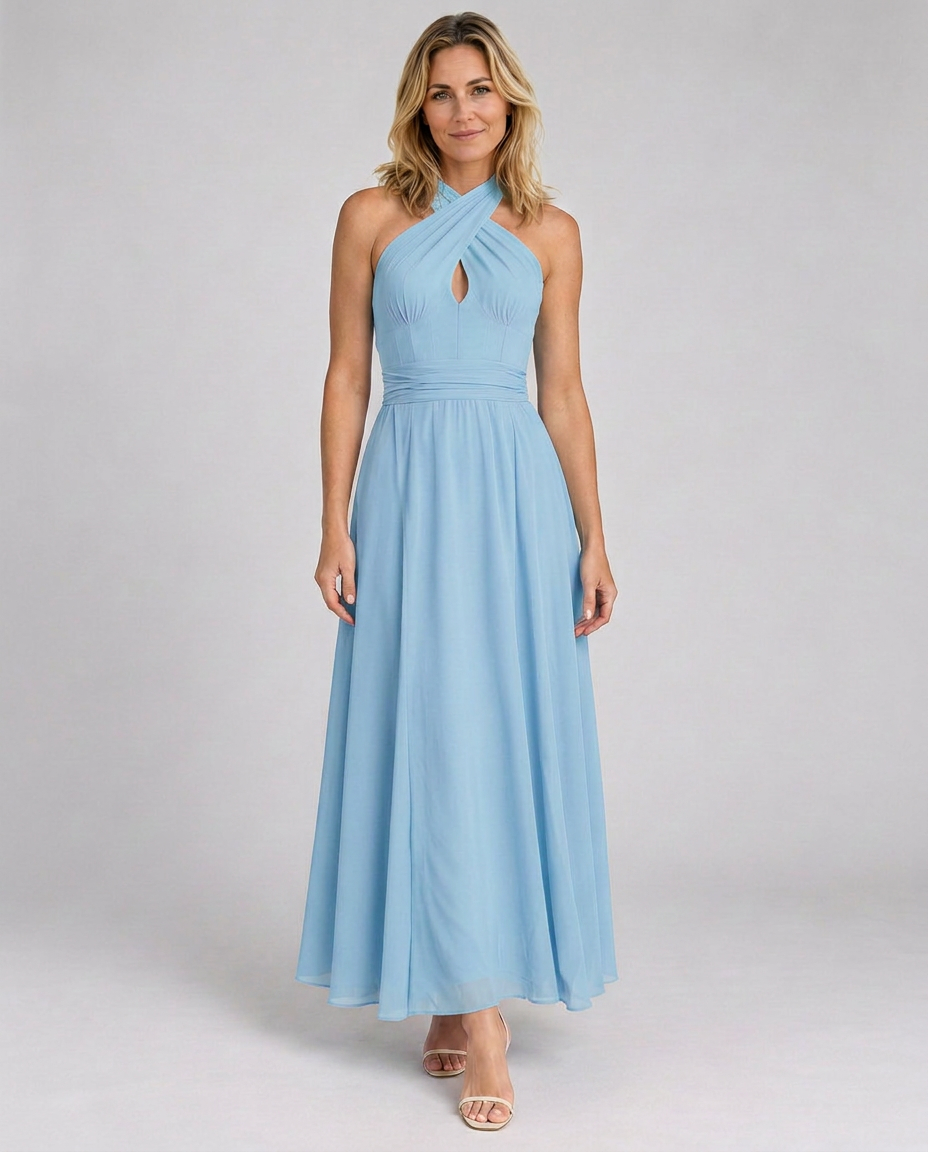 Edith | Cross Halter Draped Side Slit Midi Dress