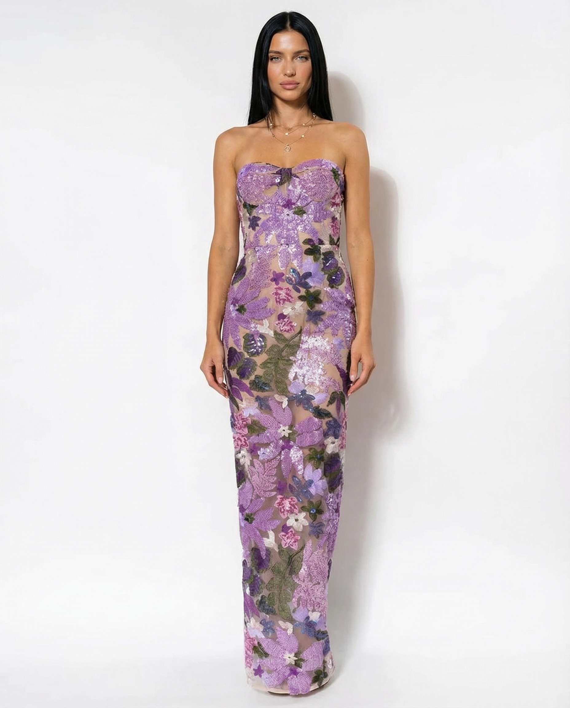 Sara | Sequin Floral Strapless Maxi Dress