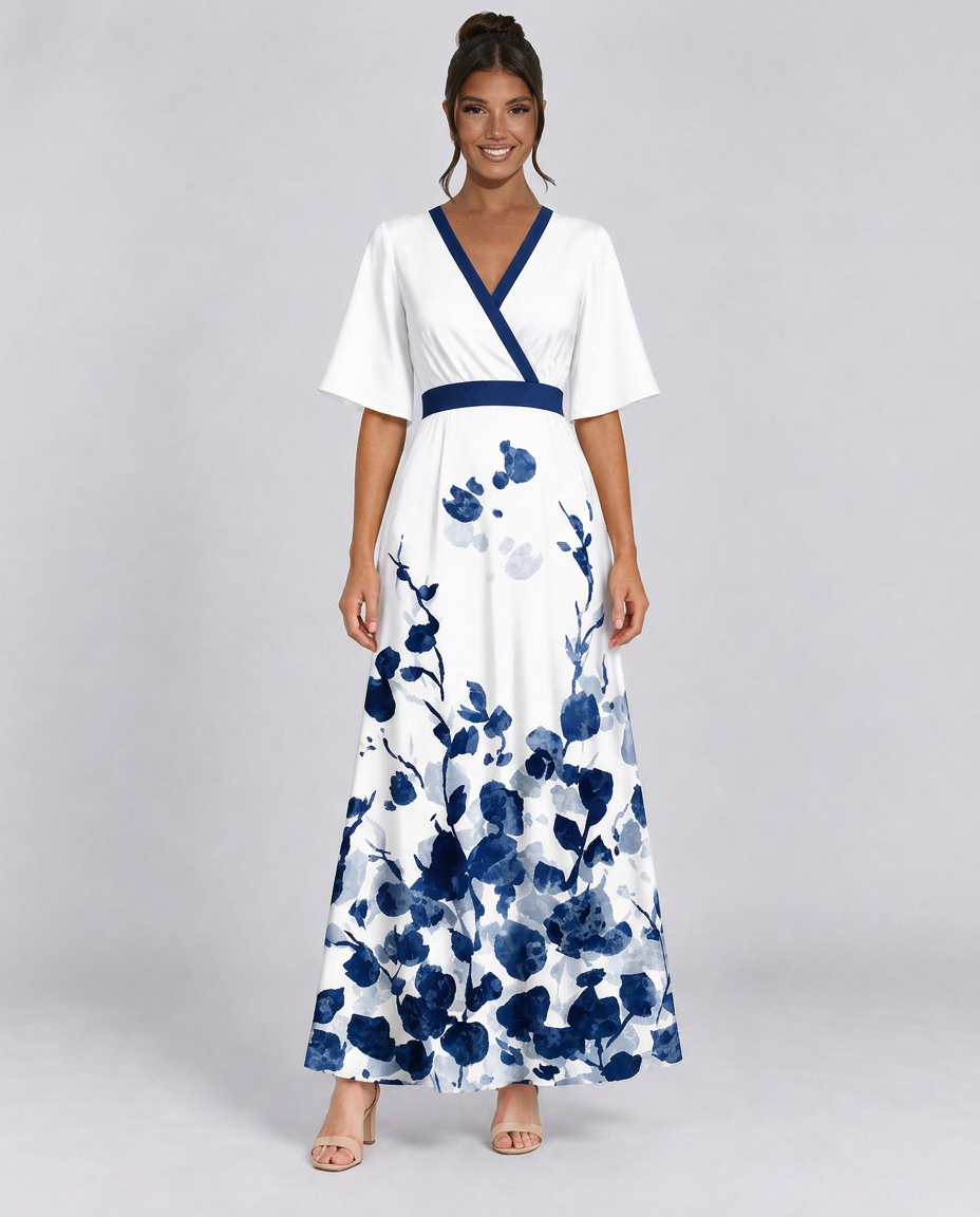 Talia | Floral V-Neck Short Sleeve Maxi Dress