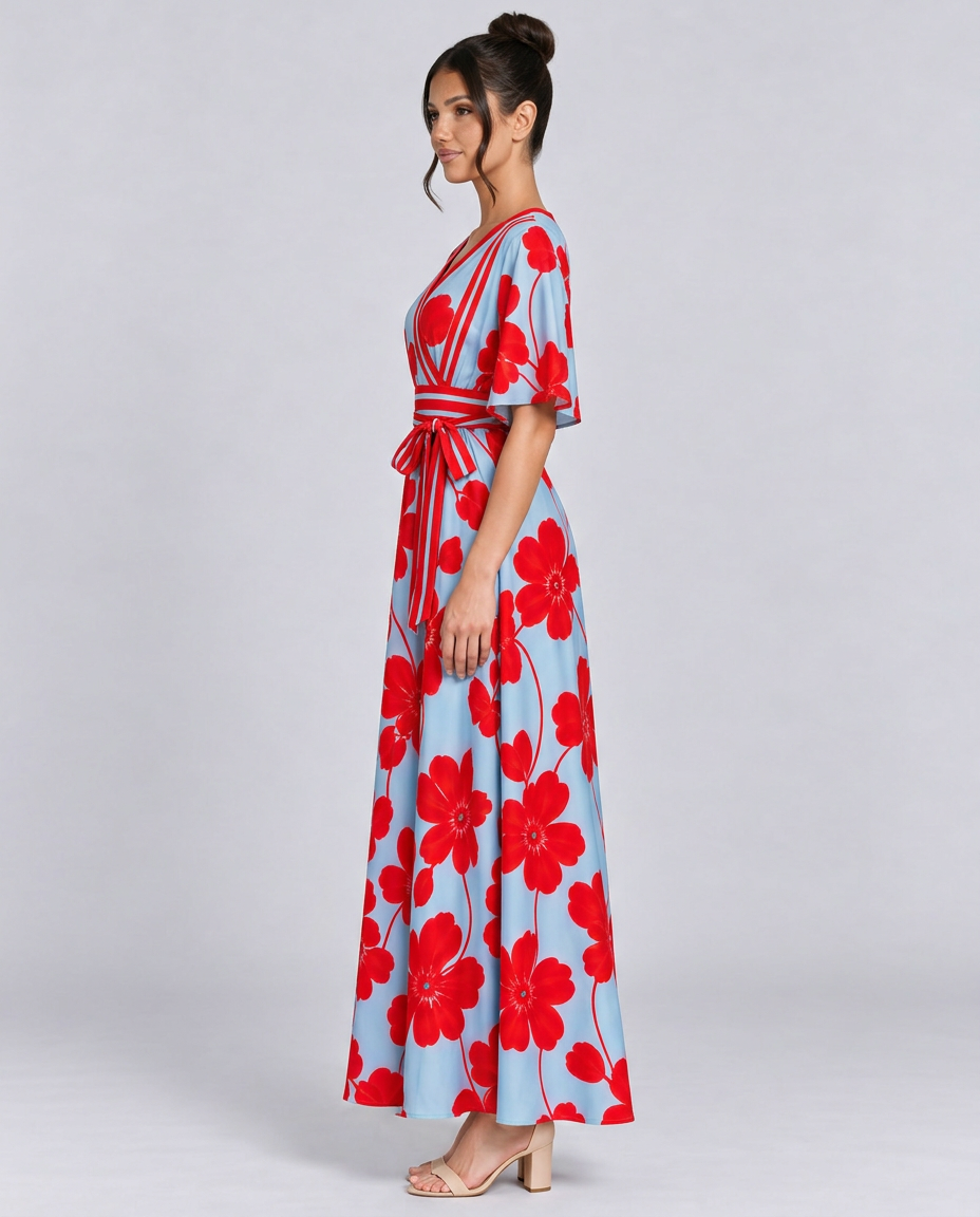 Talia | Floral V-Neck Short Sleeve Maxi Dress