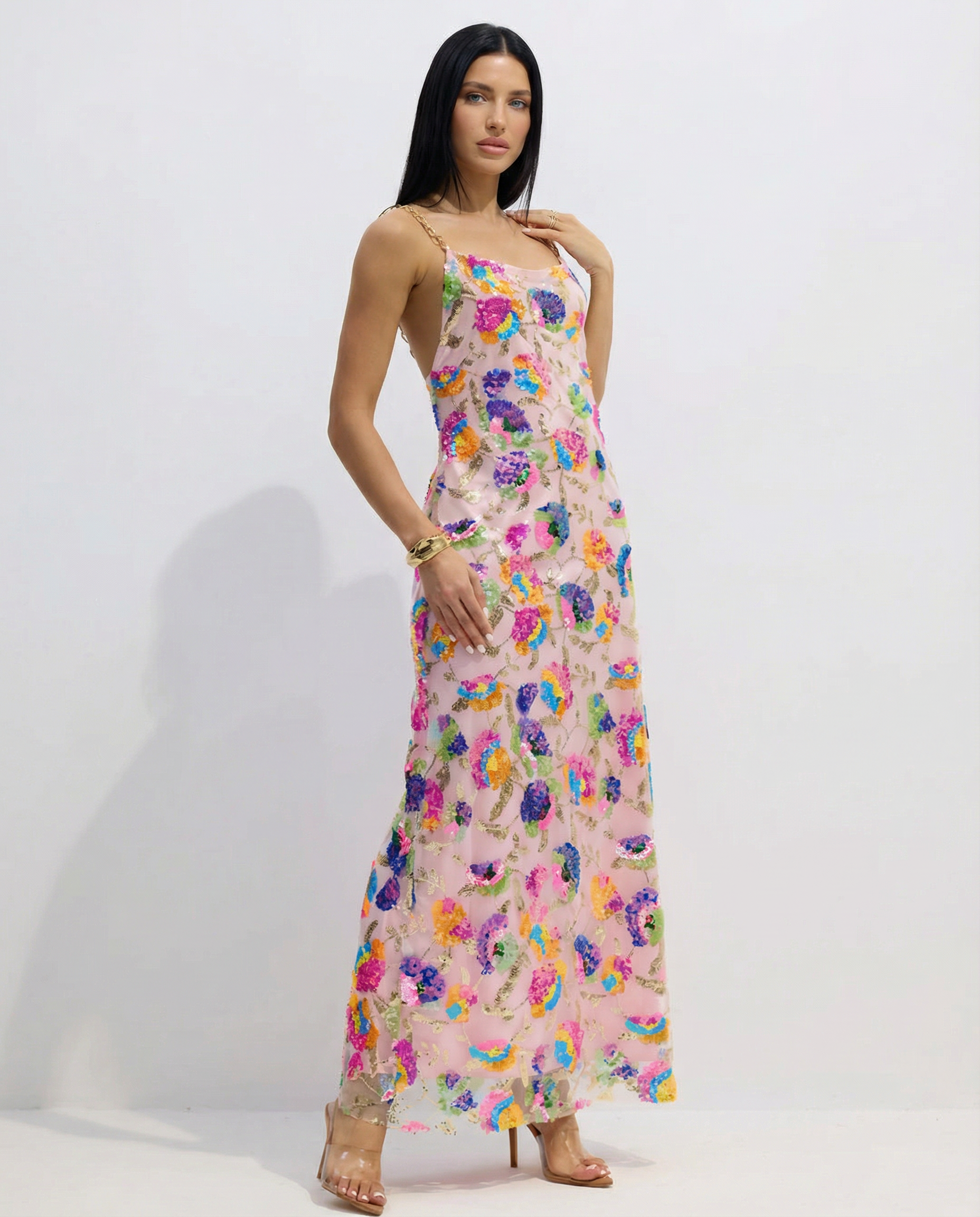 Carole | Sequin Embroidered Backless Maxi Dress
