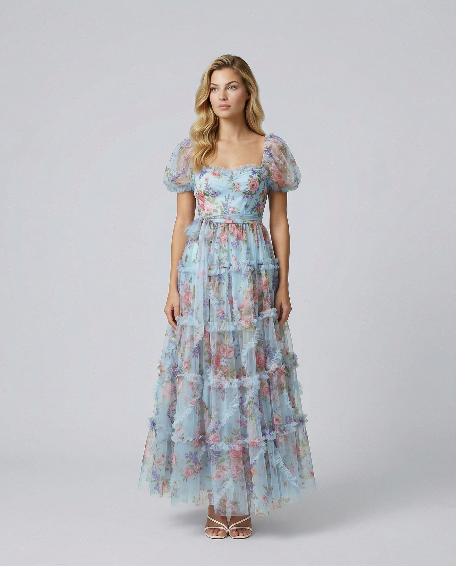 Dana | Maxi Dress with Floral Tulle and Puff Sleeves