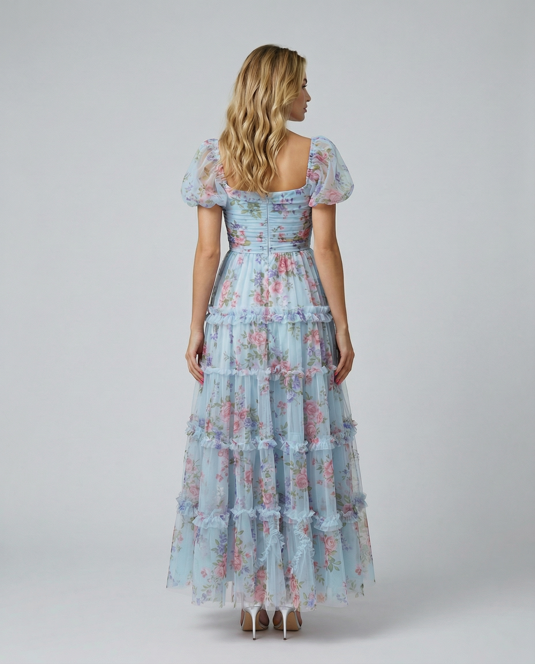 Dana | Maxi Dress with Floral Tulle and Puff Sleeves