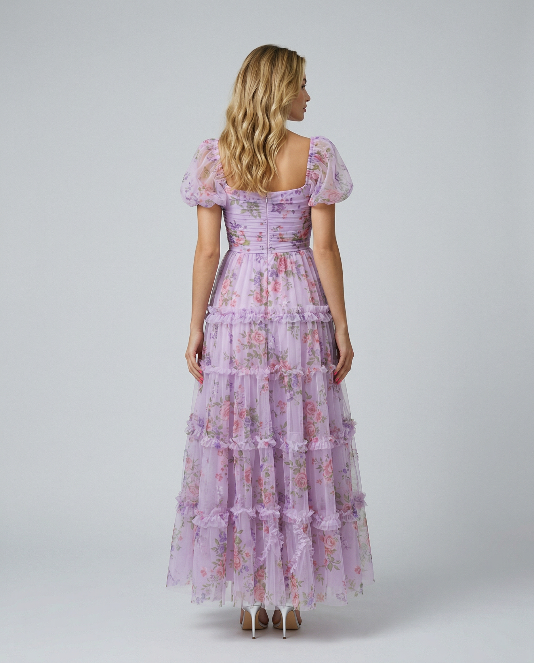 Dana | Maxi Dress with Floral Tulle and Puff Sleeves