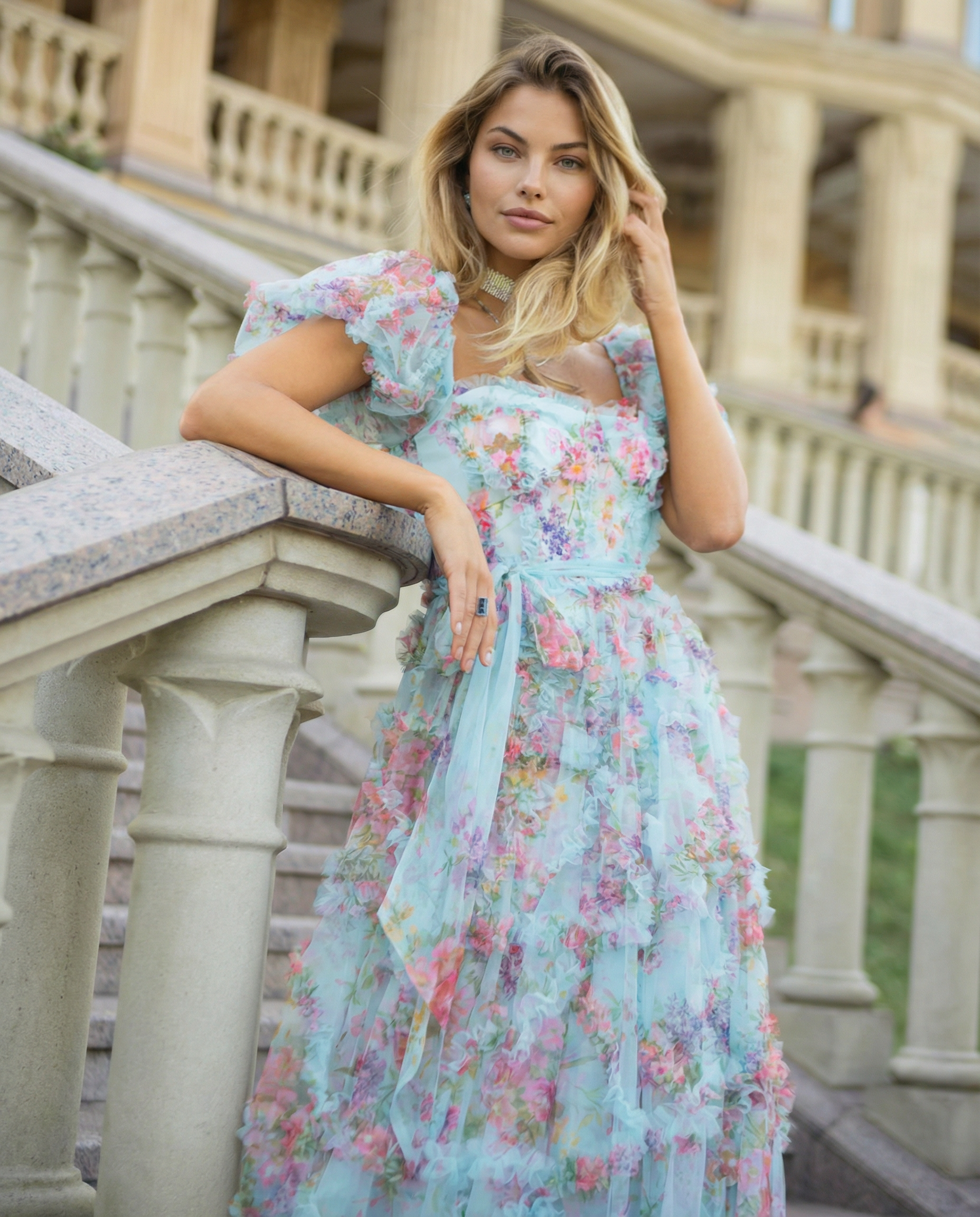 Dana | Maxi Dress with Floral Tulle and Puff Sleeves