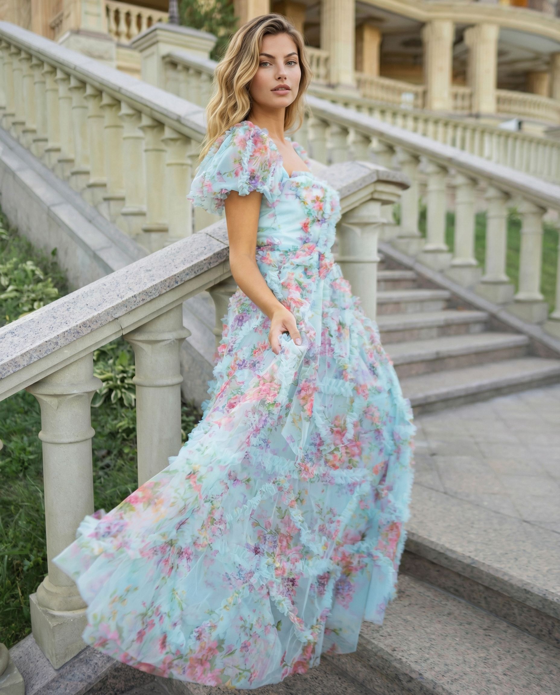 Dana | Maxi Dress with Floral Tulle and Puff Sleeves