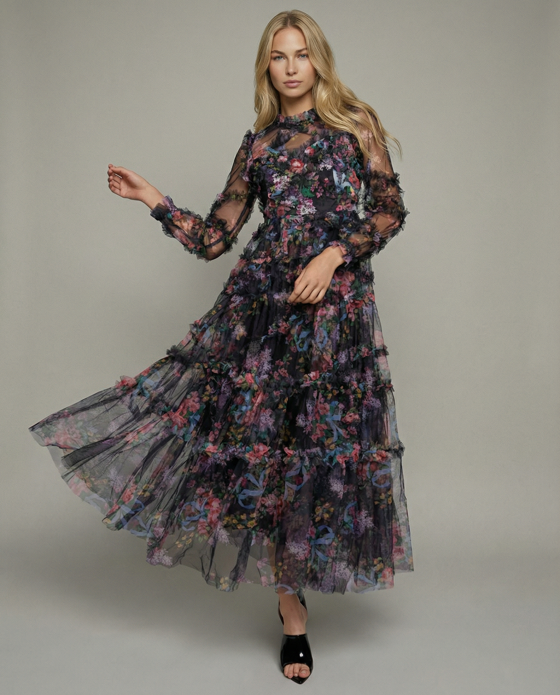 Vickie | Maxi Dress with Floral Ruffle Layers